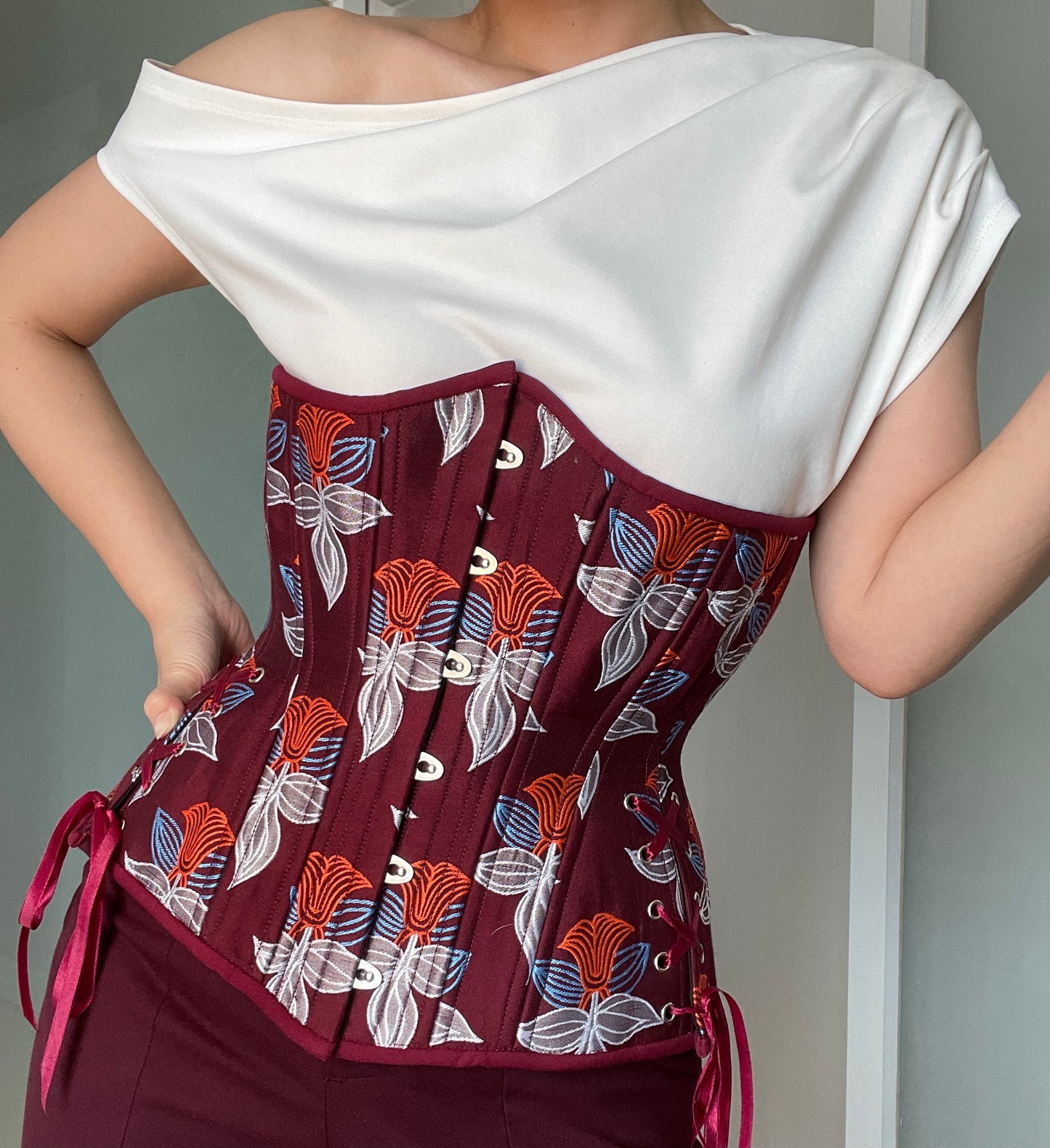 Burgundy with Flowers Corset, Hourglass Silhouette, Long