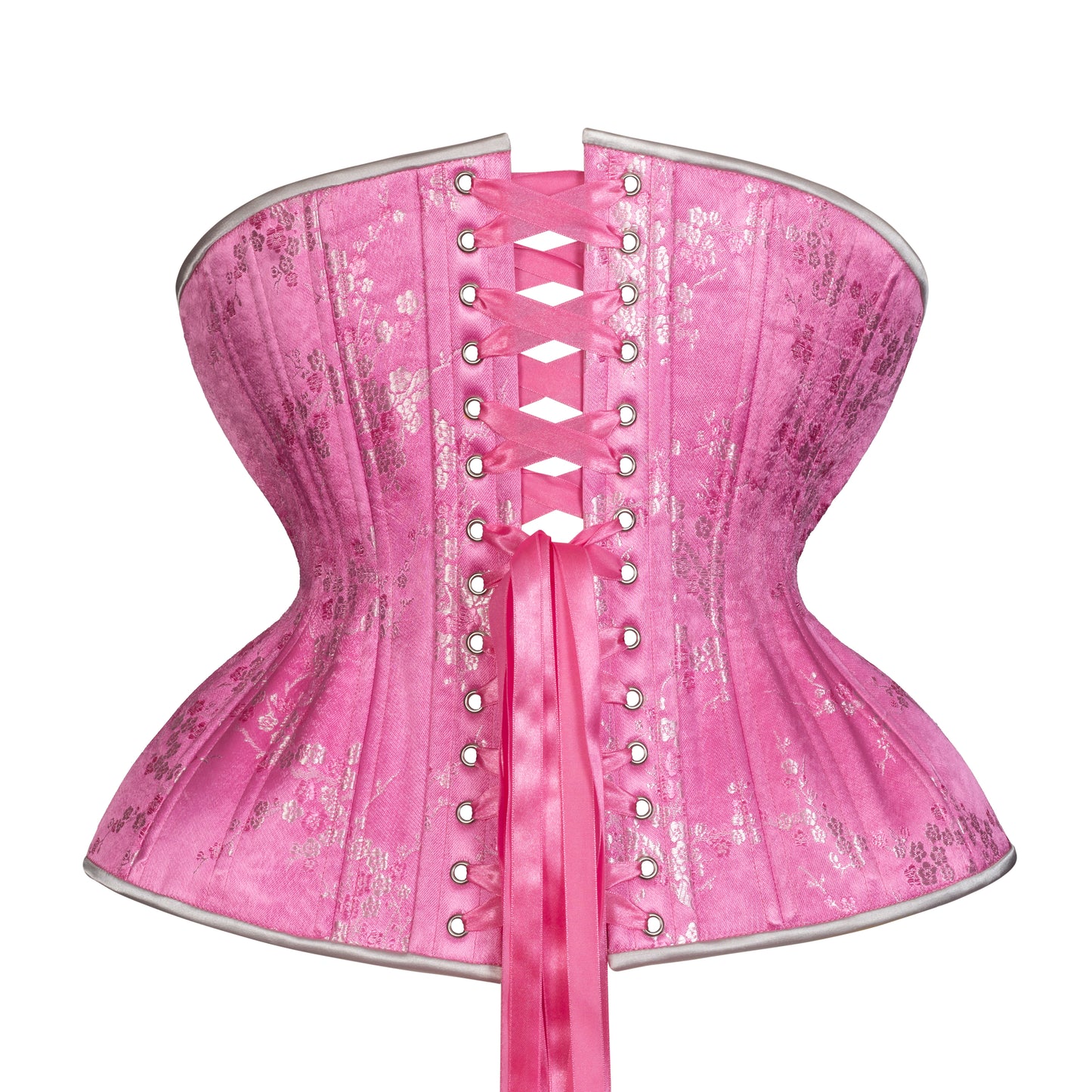 Pink Silver Cherry Blosson Cupped Corset, Gemini Silhouette, Long