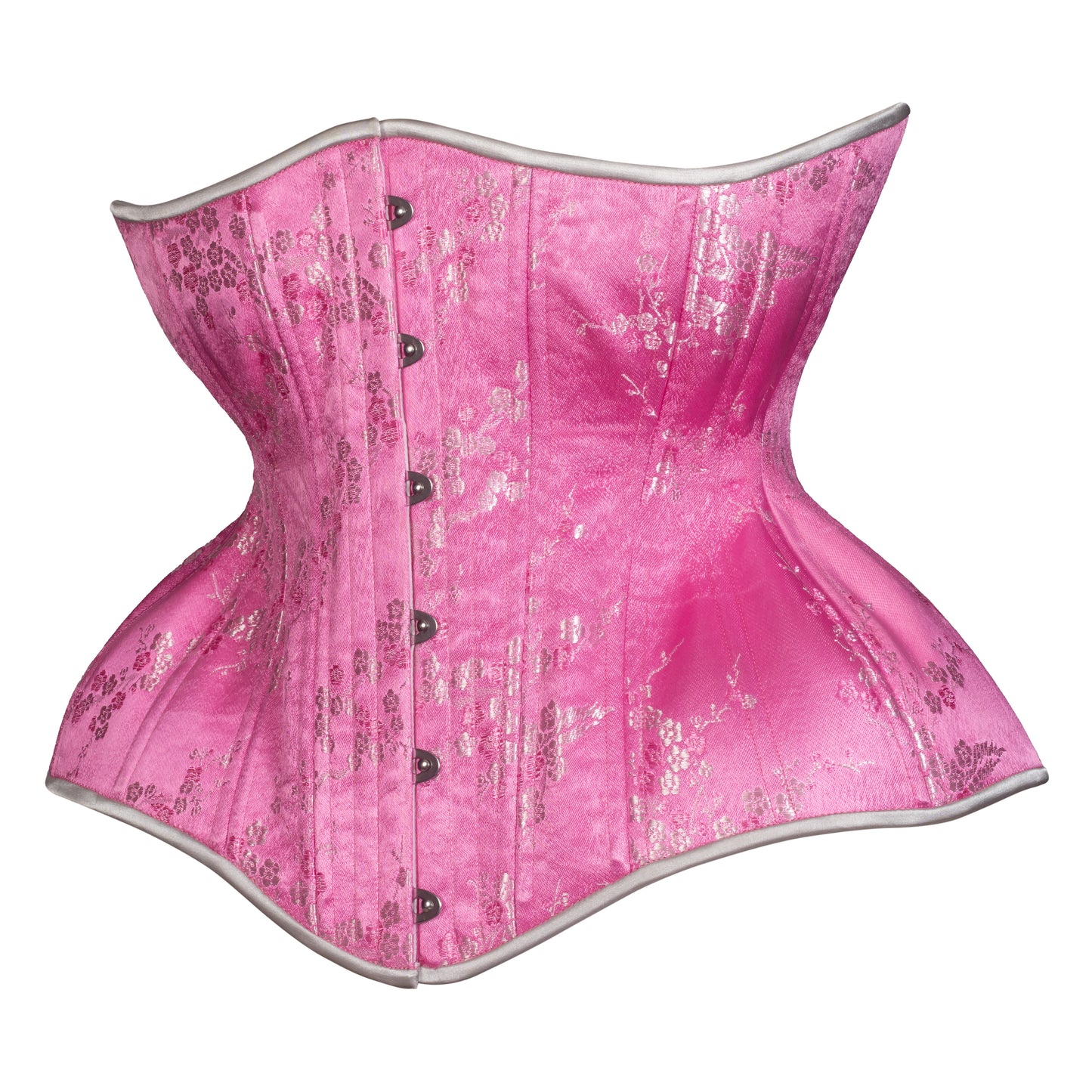 Pink Silver Cherry Blosson Cupped Corset, Gemini Silhouette, Long