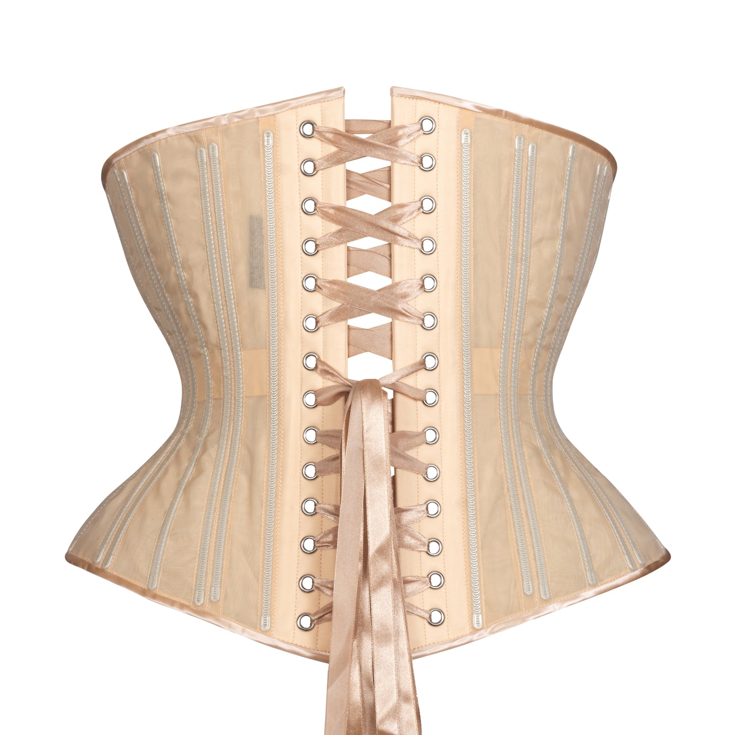 Beige Fine Mesh No Line Libby Corset (Libra Gentle Silhouette, Regular) Back View with matching lacing.