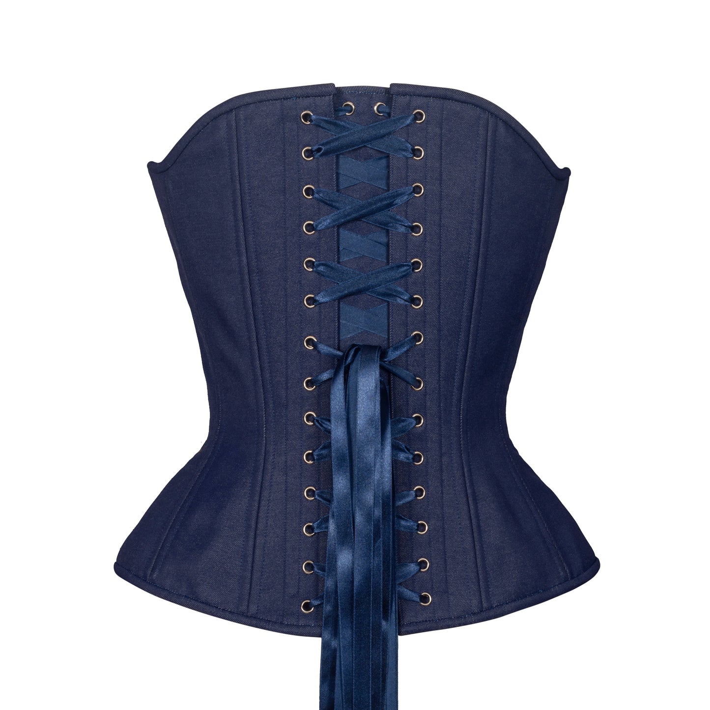 Dark Wash Denim Overbust Corset, Hourglass Silhouette, Regular