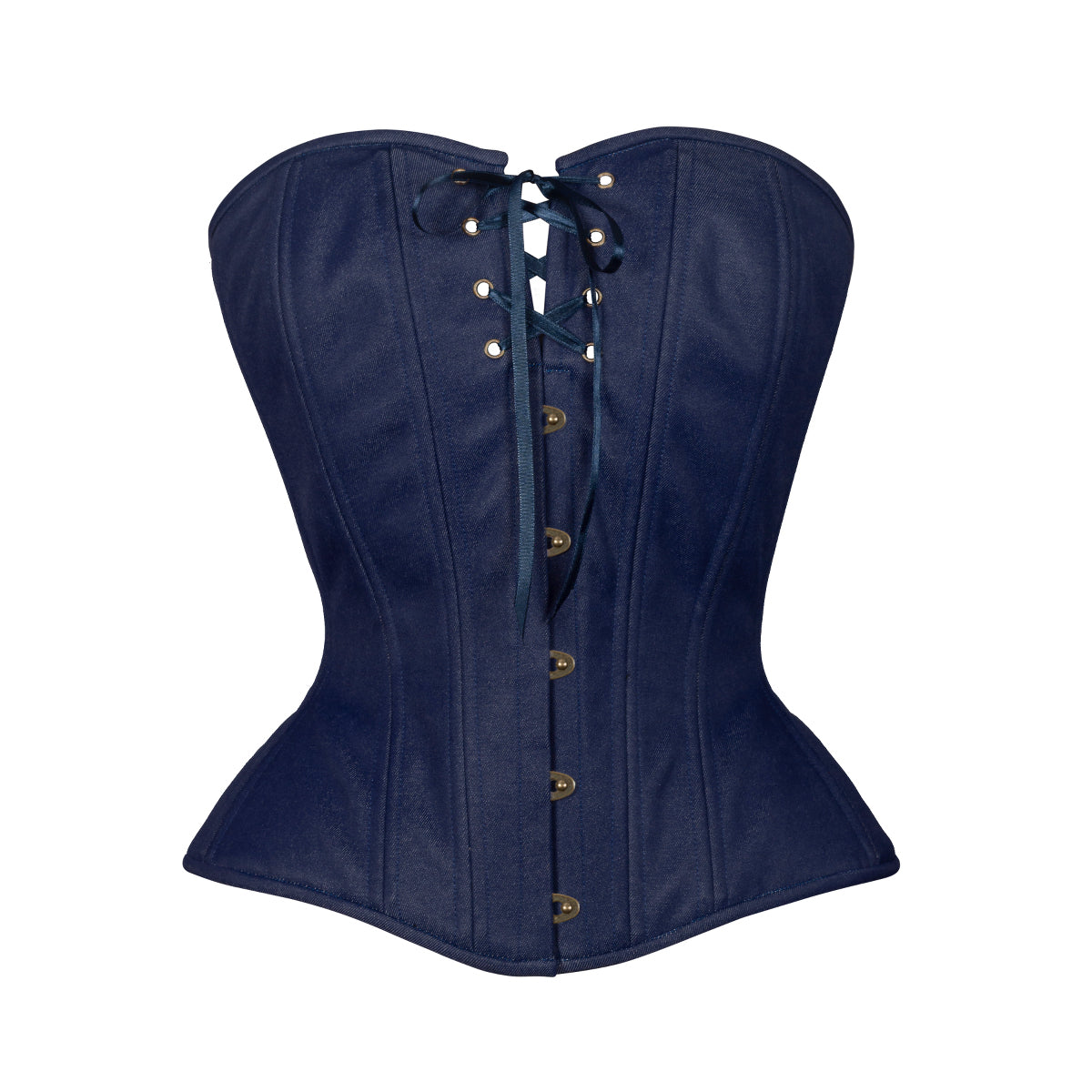 Dark Wash Denim Overbust Corset, Hourglass Silhouette, Regular