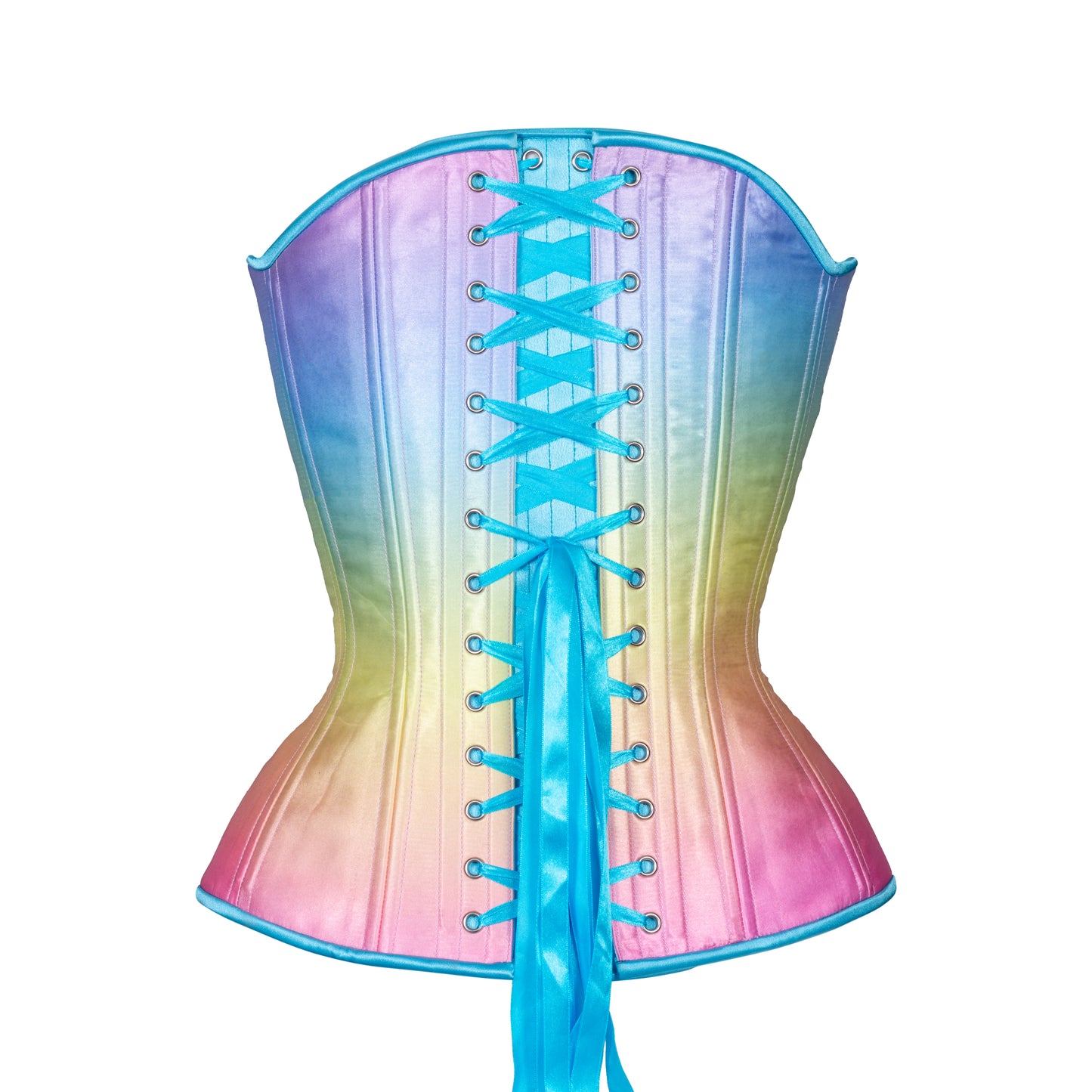Back View of Rainbow Satin, Overbust Corset, Hourglass Silhouette, Regular with matching trim, bust ties, and silver busk