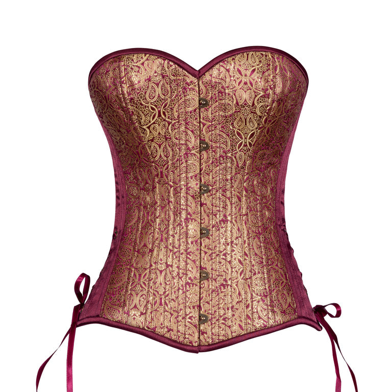 Plum and Gold Brocade Overbust Corset, Slim Silhouette, Regular