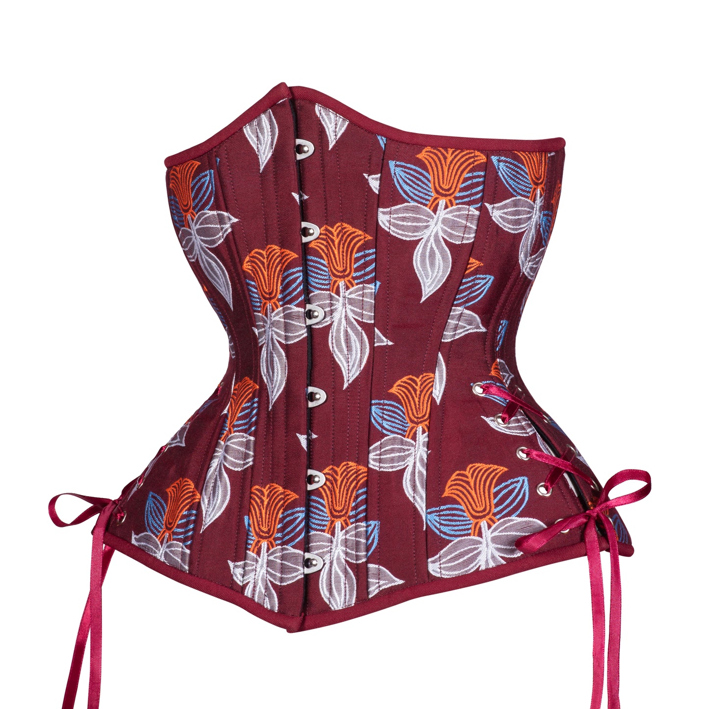 Burgundy with Flowers Corset, Hourglass Silhouette, Long