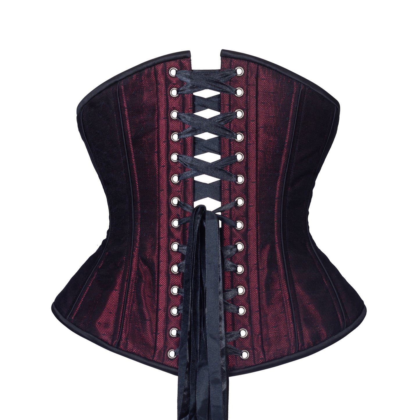 A corset with dotted Point d'esprit black lace overlaid on a burgundy taffeta base, with black satin piping between the panels and black satin trim, hourglass silhouette, regular underbust length, back view with black ribbon lacing