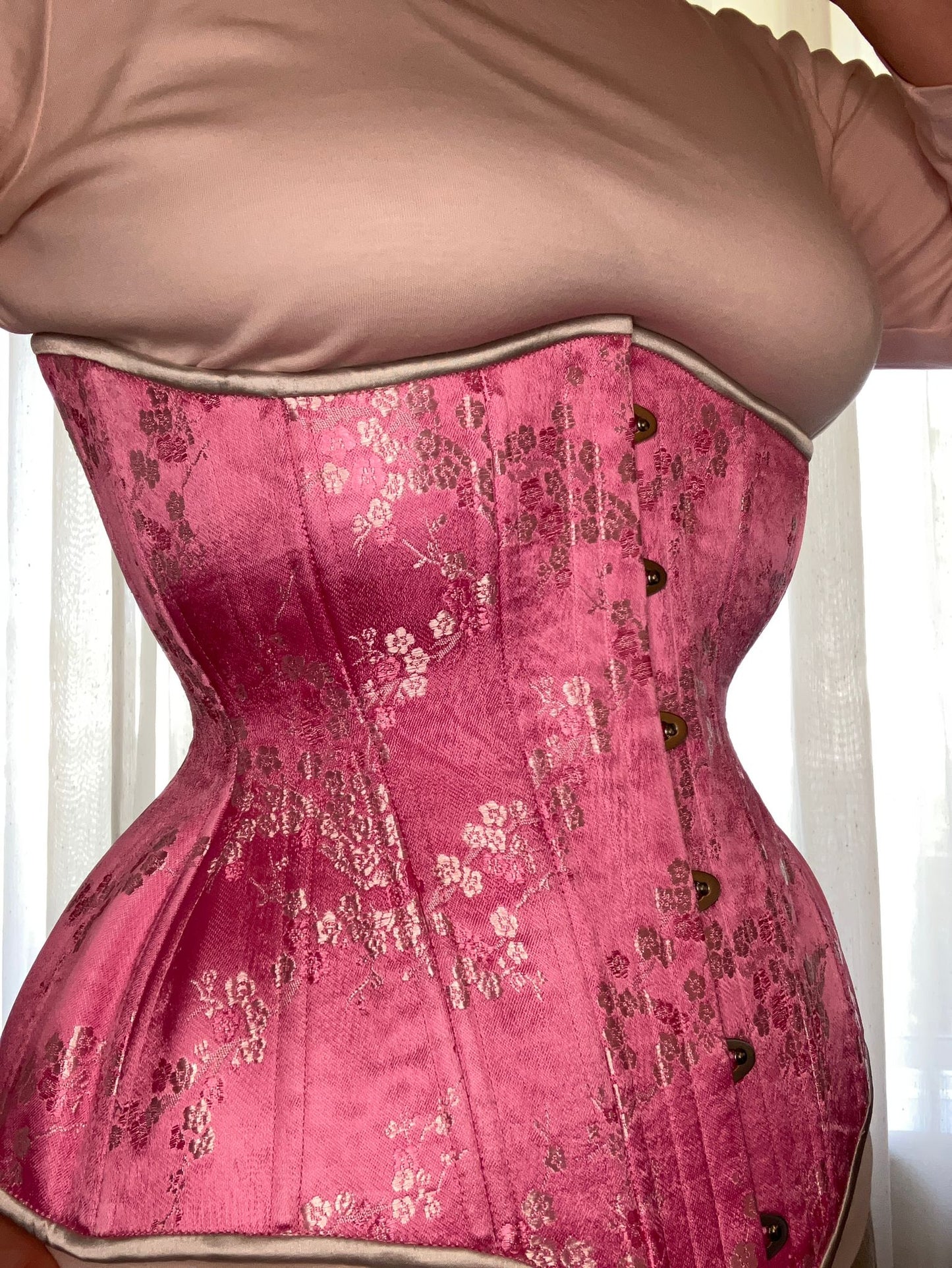 Pink Silver Cherry Blosson Cupped Corset, Gemini Silhouette, Long