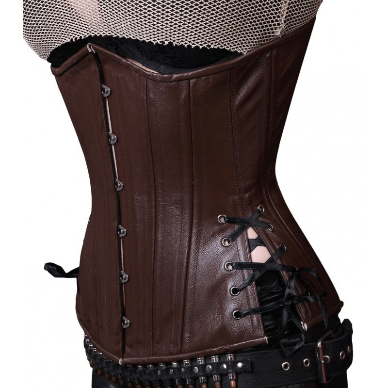 Brown Leather Corset, Slim Silhouette, Long