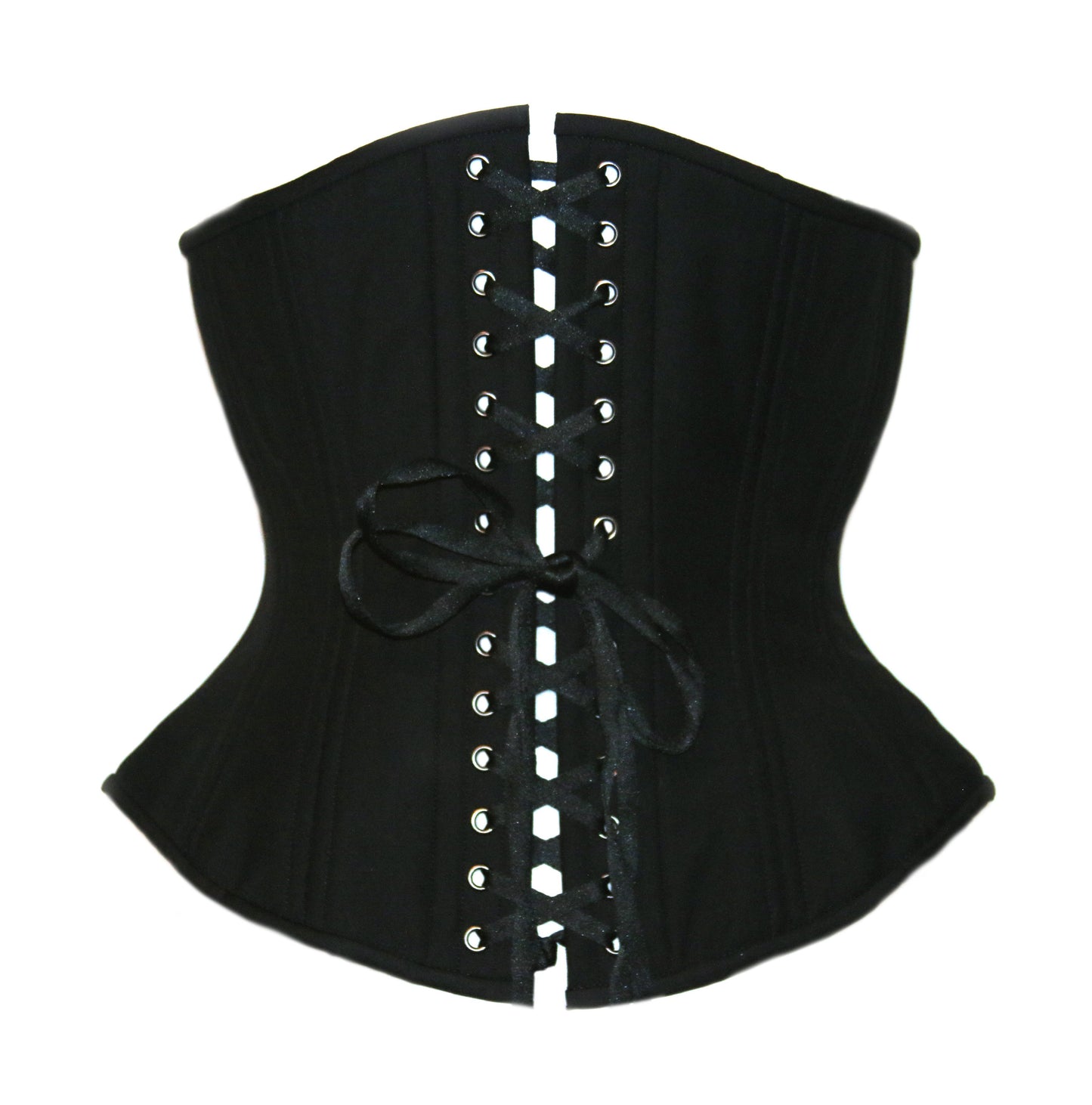 Black Cashmere corset with silver zipper closure, hourglass silhouette, regular underbust length, back view with black flat shoe lacing