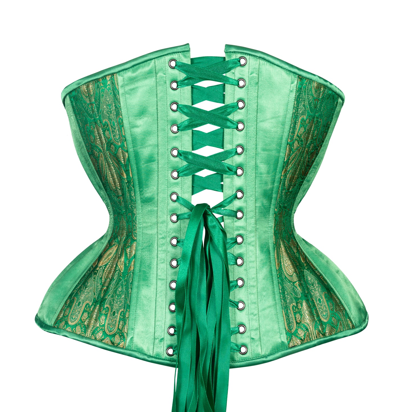 Green and gold brocade corset with kelly green satin insert panels, curvy Gemini cupped rib silhouette, regular underbust length, back view with green ribbon lacing