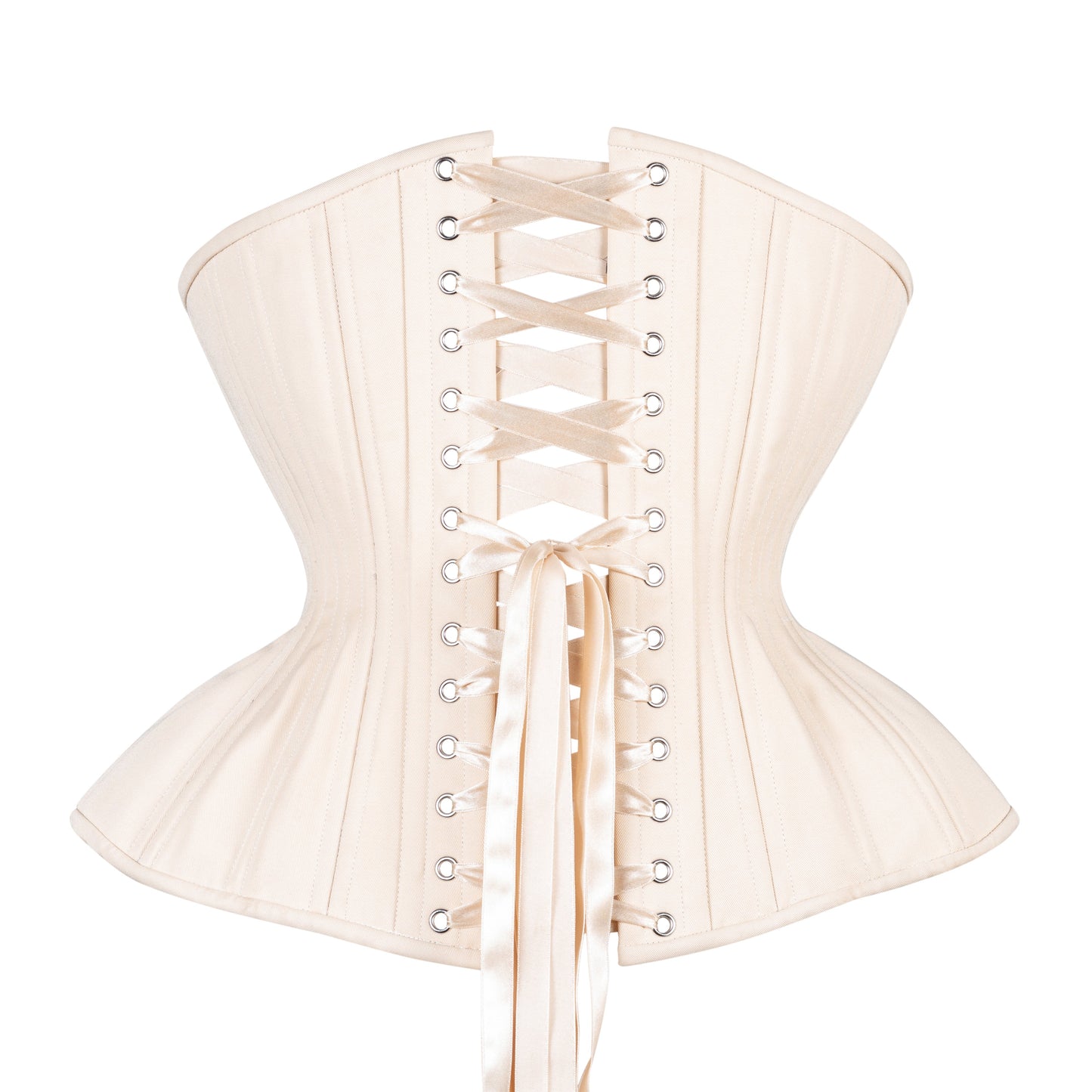 Beige Cotton Corset, curvy Gemini straight rib silhouette, regular underbust length, back view with beige ribbon lacing