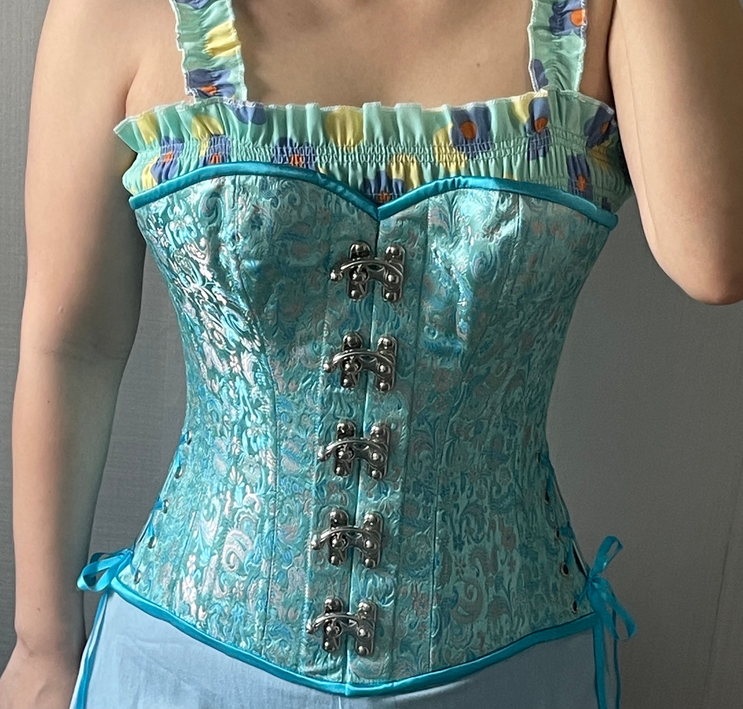 Teal and Mauve Overbust Corset, Slim Silhouette, Regular