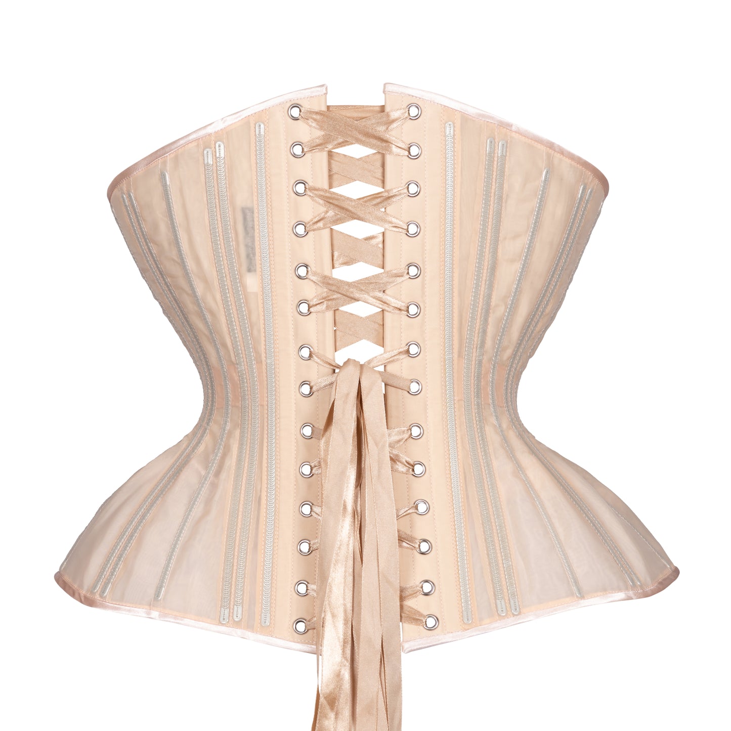 Beige Fine Mesh "No Line" corset with zipper closure, curvy Gemini straight rib silhouette, regular underbust length, back view with beige ribbon lacing