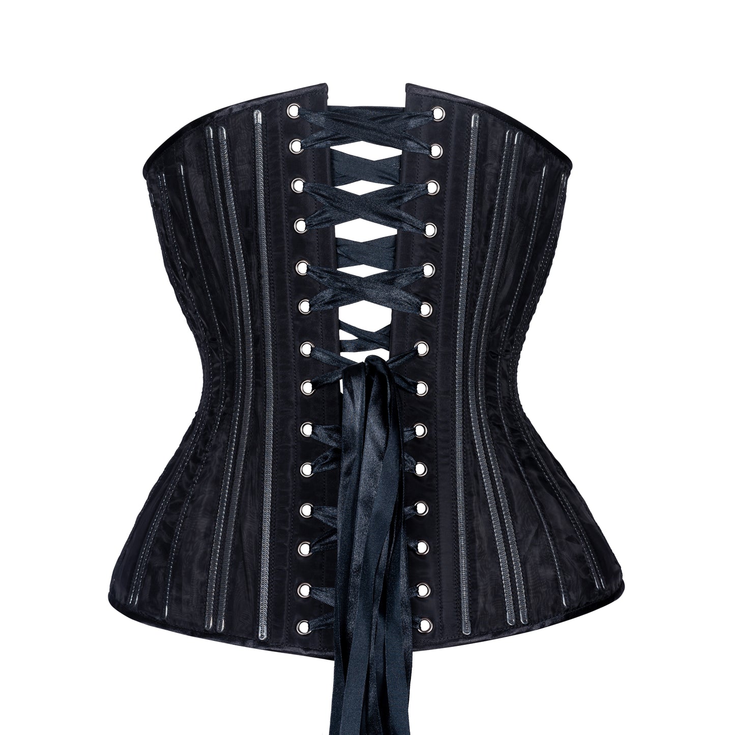 Black Fine Mesh "No Line" corset with black zipper closure, hourglass silhouette, long underbust length (no hip lacing), back view with black ribbon lacing