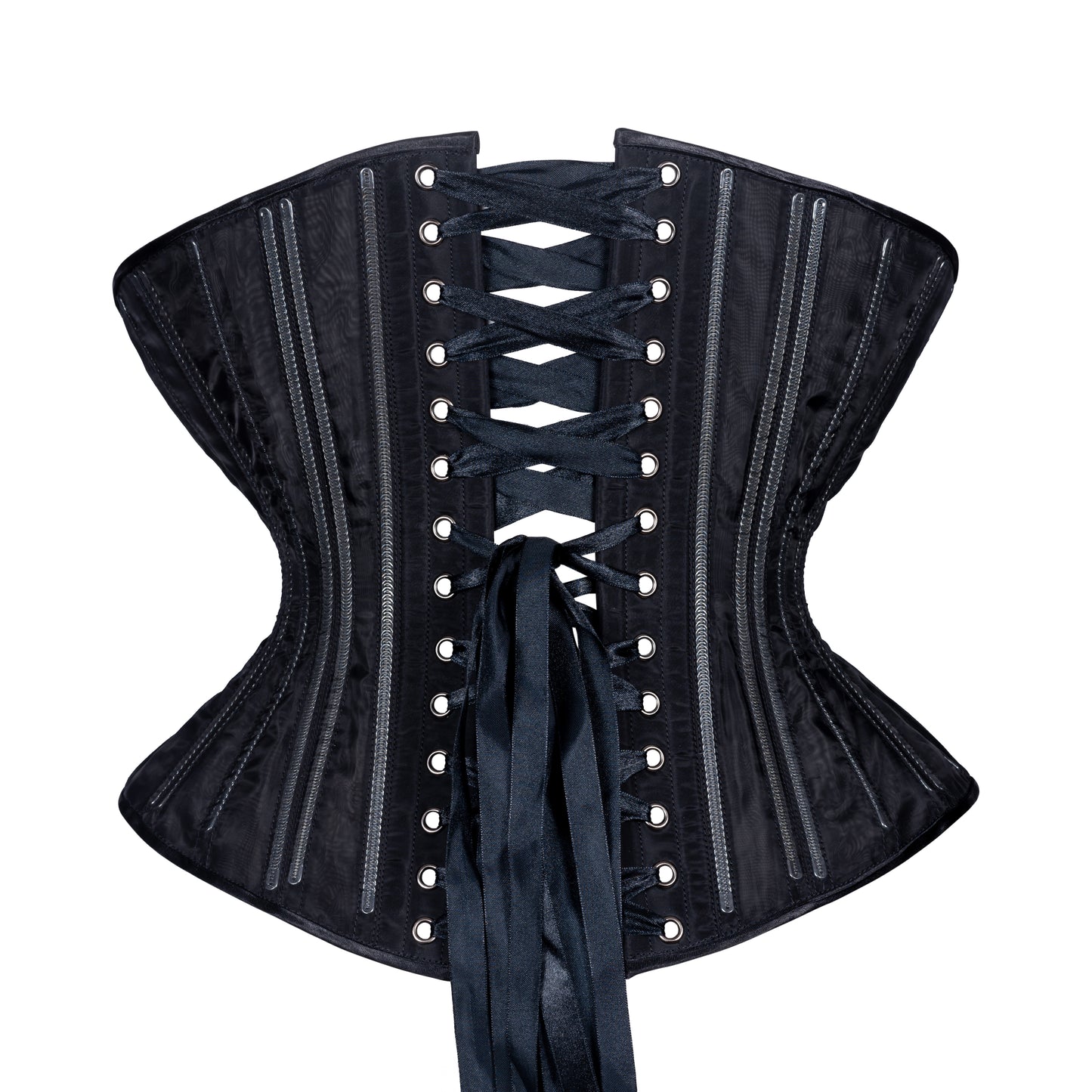 Black Fine Mesh "No Line" corset with black zipper closure, Libra silhouette, regular underbust length, back view with black ribbon lacing
