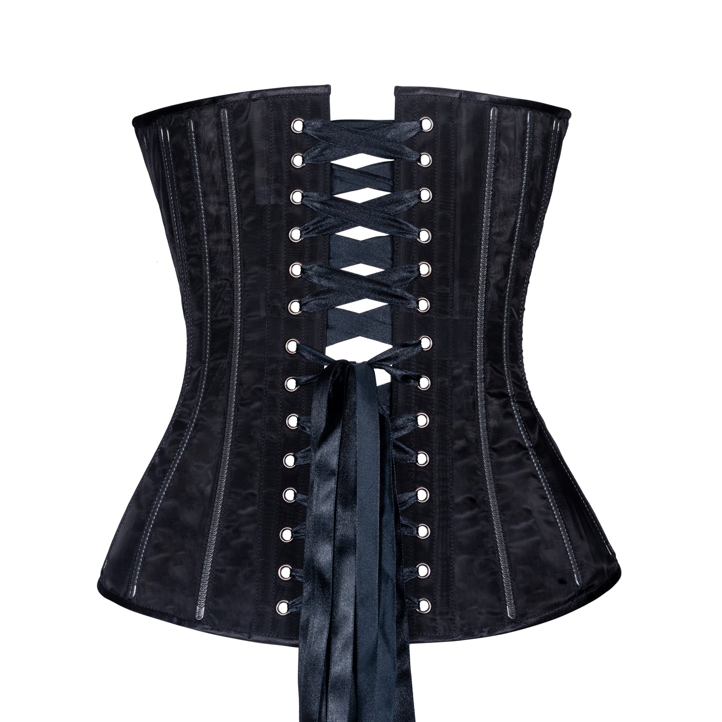Black Fine Mesh "No Line" corset with black zipper closure, slim silhouette, sweetheart overbust (no hip lacing), back view with black ribbon lacing