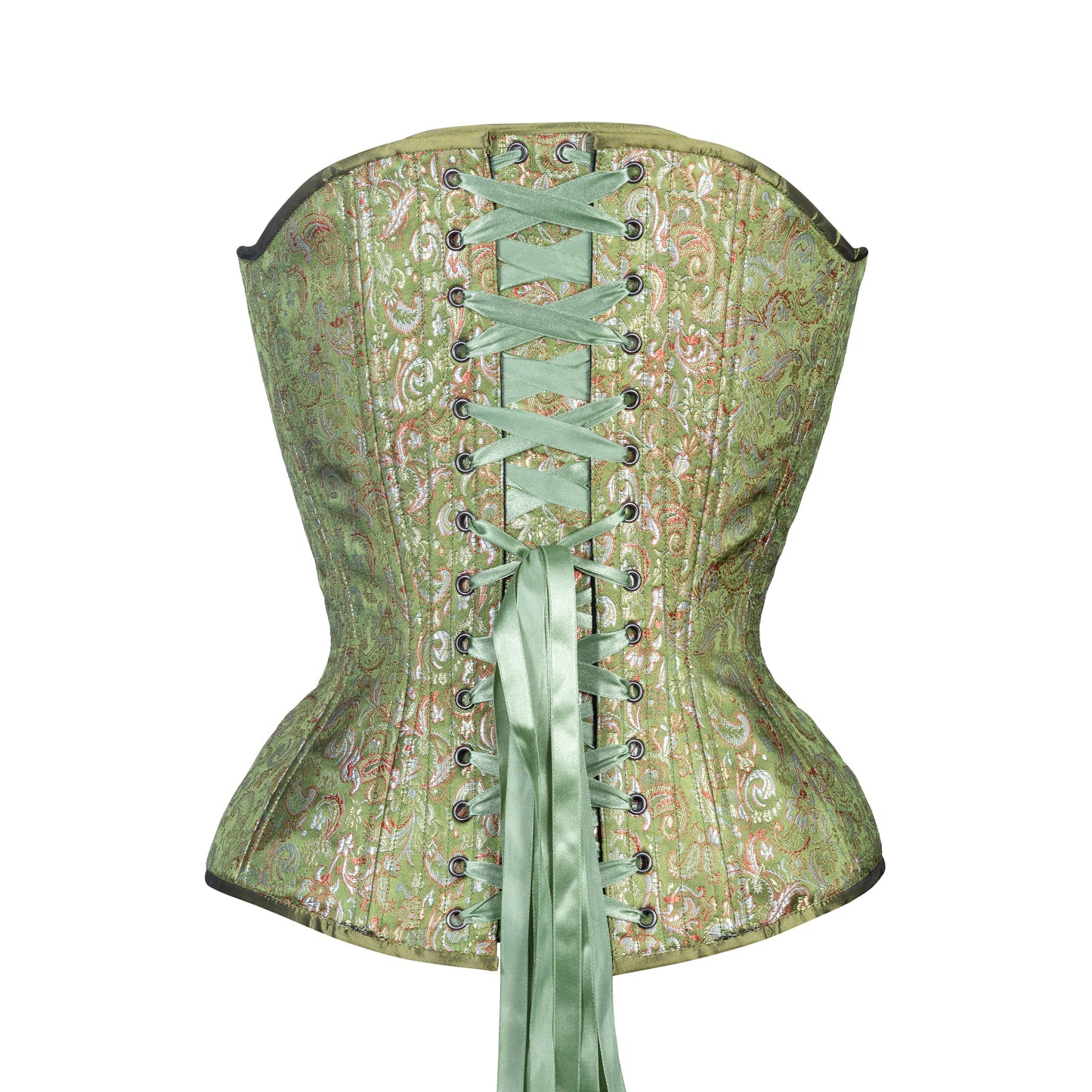 Green brocade corset, hourglass silhouette, sweetheart overbust with adjustable bust lacing, back view with green ribbon lacing
