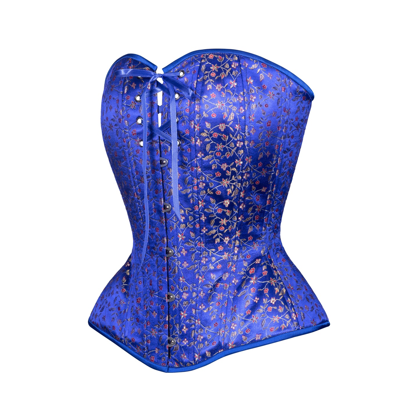 Indigo Blue Floral Brocade Overbust Corset, OLD Hourglass Silhouette, Regular