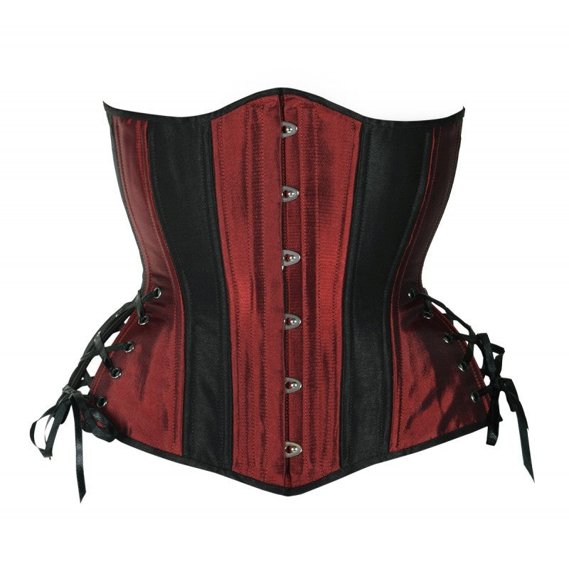 Iridescent red taffeta corset with insert panels of black taffeta, hourglass silhouette, long length with adjustable side hip lacing, front view with busk closure 