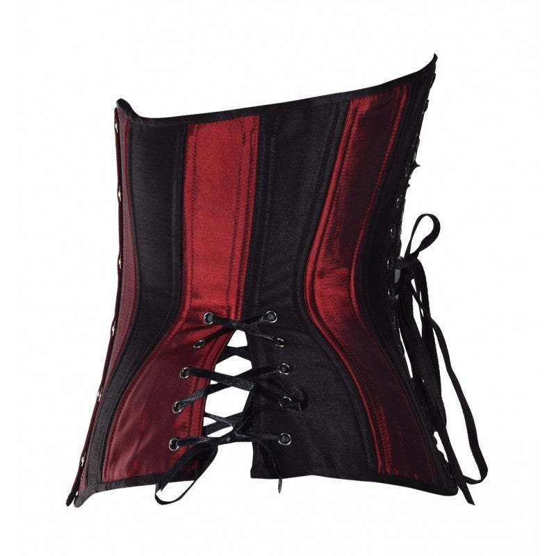 Iridescent red taffeta corset with insert panels of black taffeta, hourglass silhouette, long length with adjustable side hip lacing, side view 