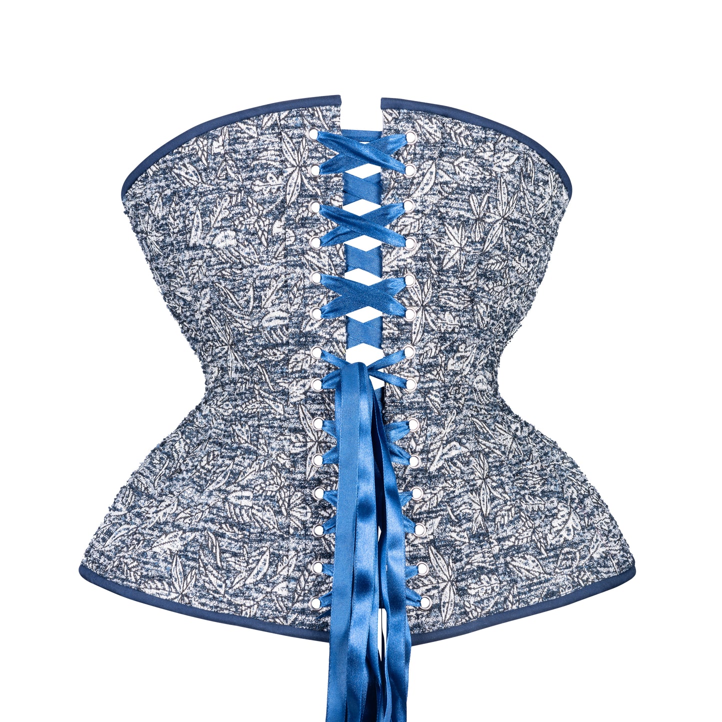 Silver Leaves on Blue Straight Corset, Gemini Silhouette, Long