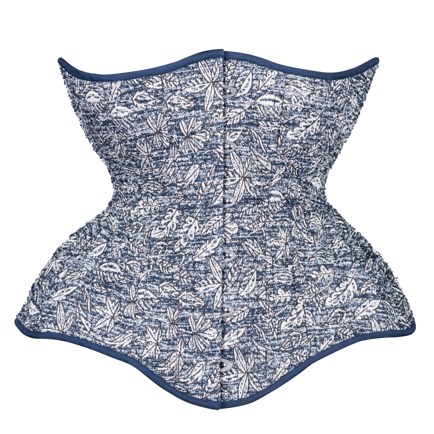 Silver Leaves on Blue Straight Corset, Gemini Silhouette, Long