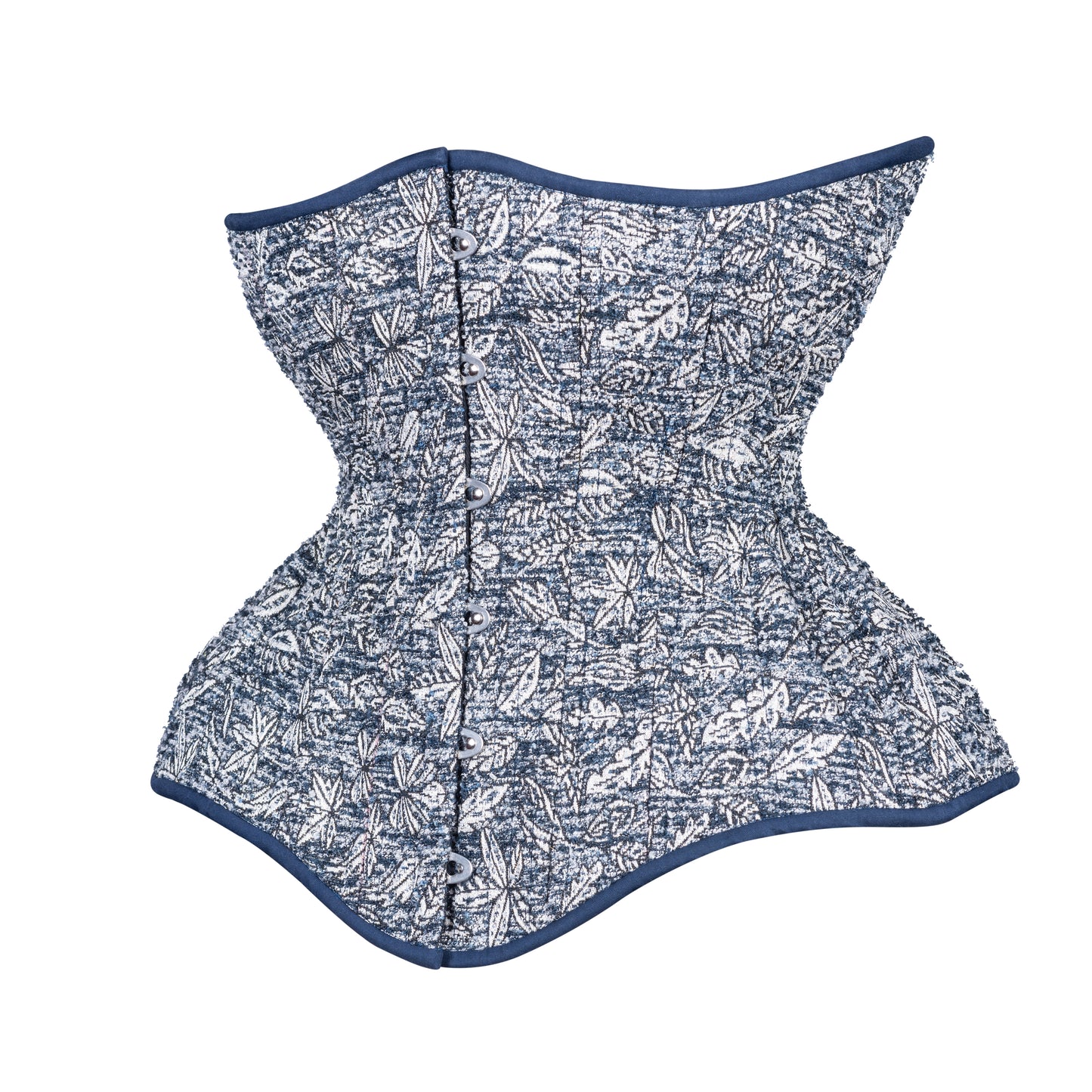 Silver Leaves on Blue Straight Corset, Gemini Silhouette, Long