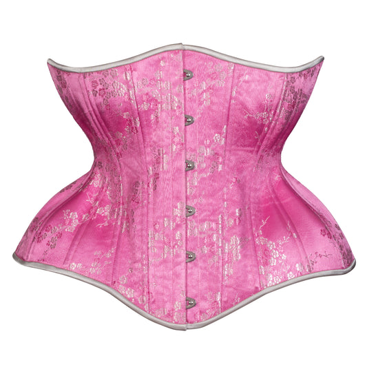 Pink Silver Cherry Blosson Cupped Corset, Gemini Silhouette, Long