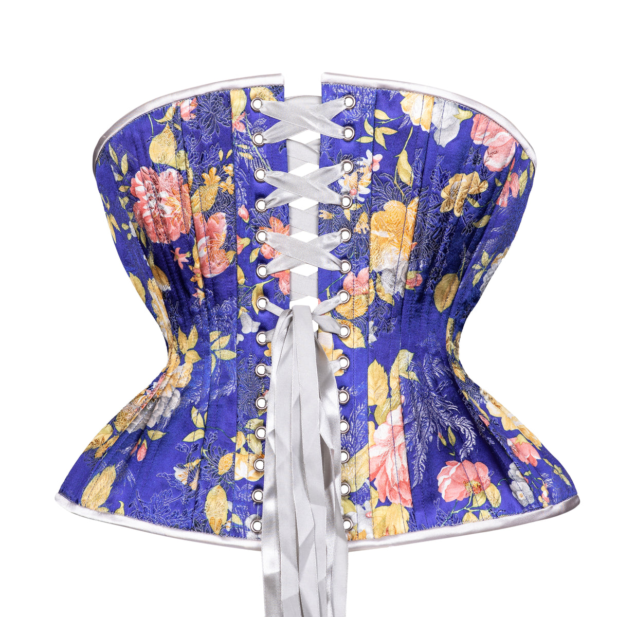 Evening Gardens Corset, curvy Gemini cupped rib Silhouette, Regular underbust length, back view with white ribbon lacing 