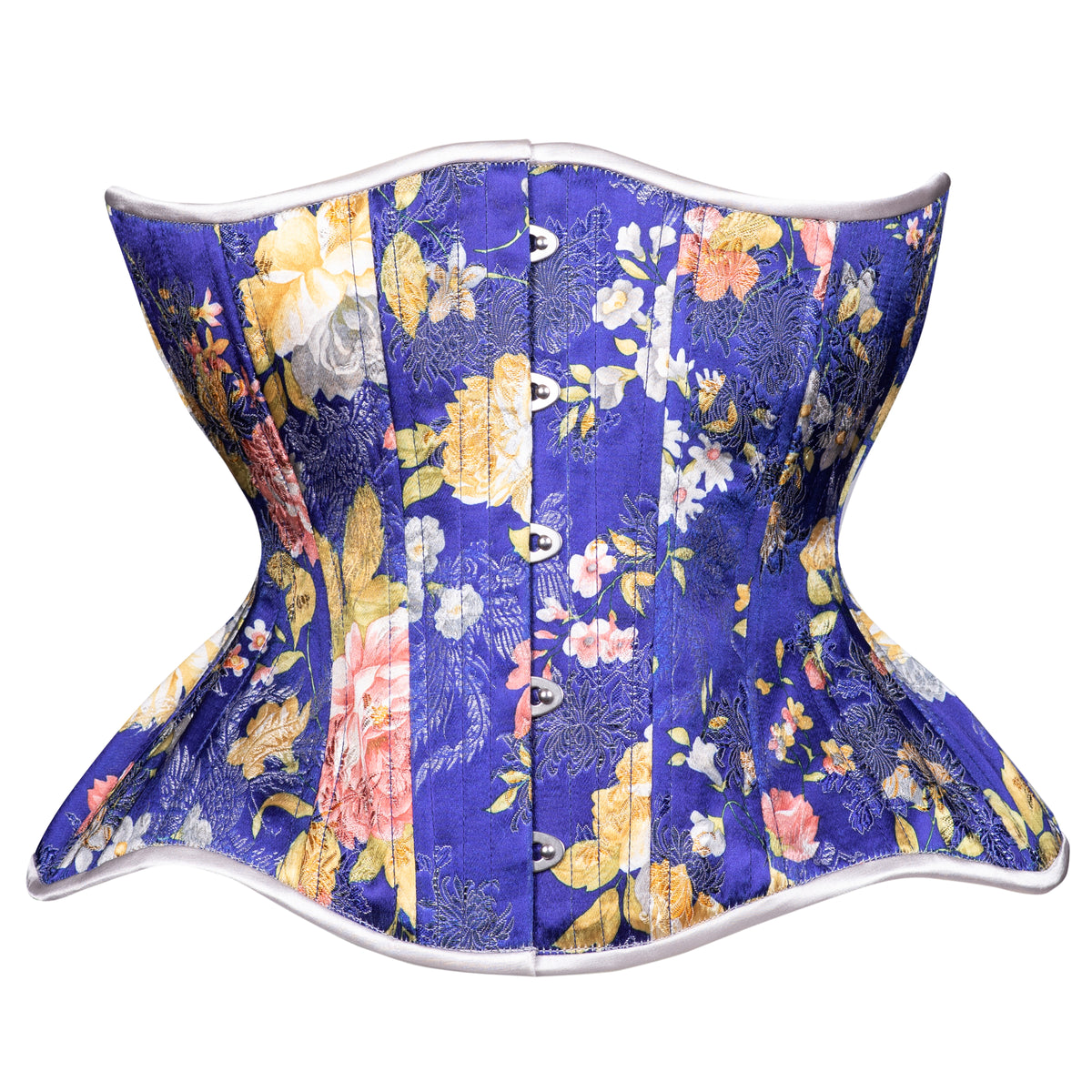 Evening Gardens Corset, curvy Gemini cupped rib Silhouette, Regular underbust length, front view with busk closure 