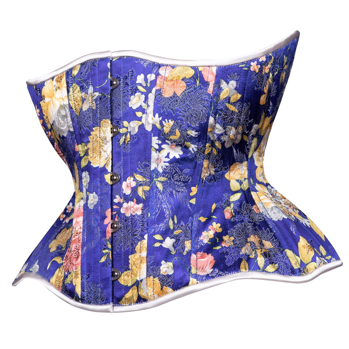 Evening Gardens Corset, curvy Gemini cupped rib Silhouette, Regular underbust length, side view 