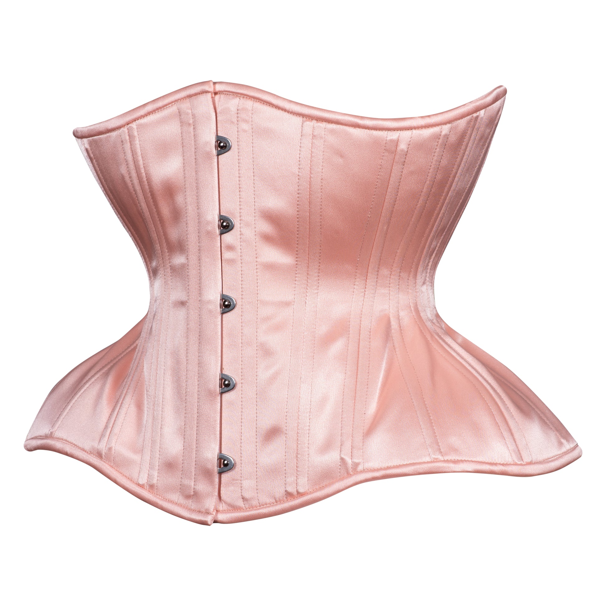 Peach Blossom, a soft peach satin corset, curvy Gemini straight rib silhouette, regular underbust length, side view 