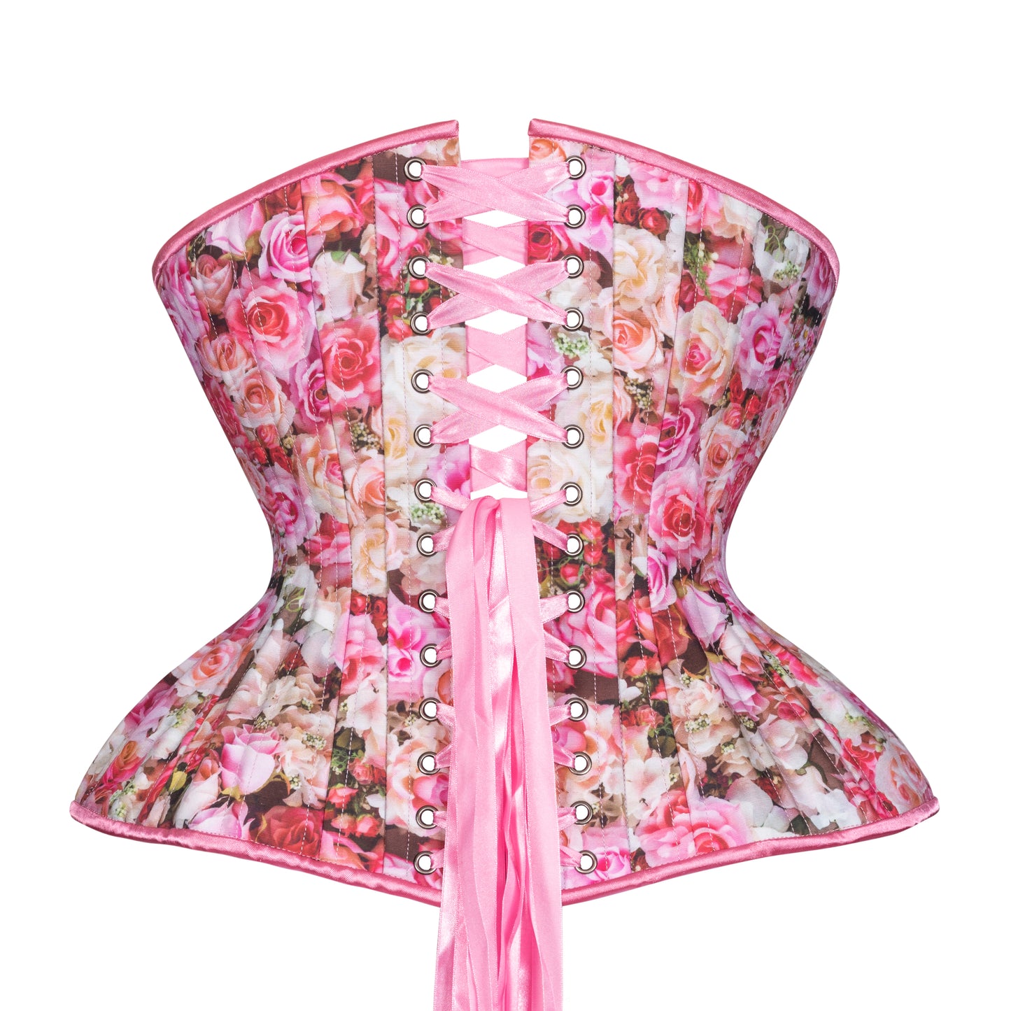 Bed of Roses Straight Corset, Gemini Silhouette, Regular. Back View with pink satin ribbon