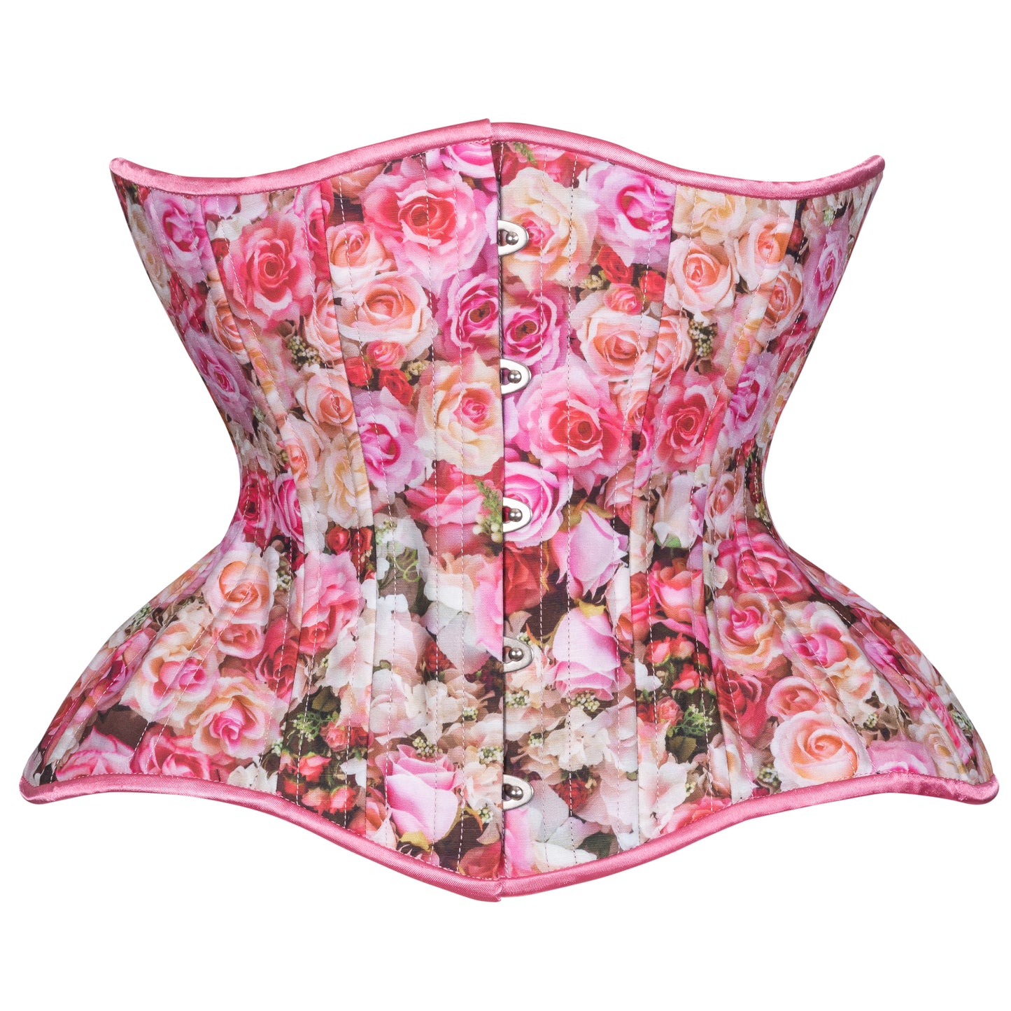 Bed of Roses Straight Corset, Gemini Silhouette, Regular. Front View with Silver Busk