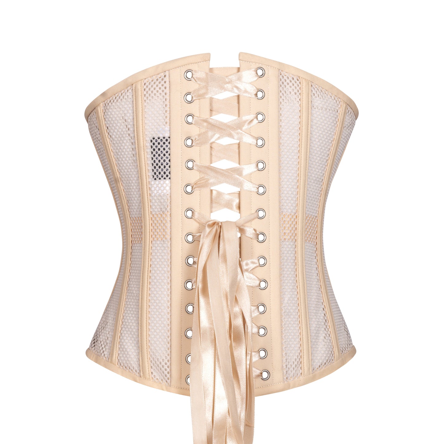 A corset with beige, non-stretch, open sports mesh panels, with beige cotton on the front panel, boning channels, and trim.  slim silhouette, regular underbust length, back view with black ribbon lacing 