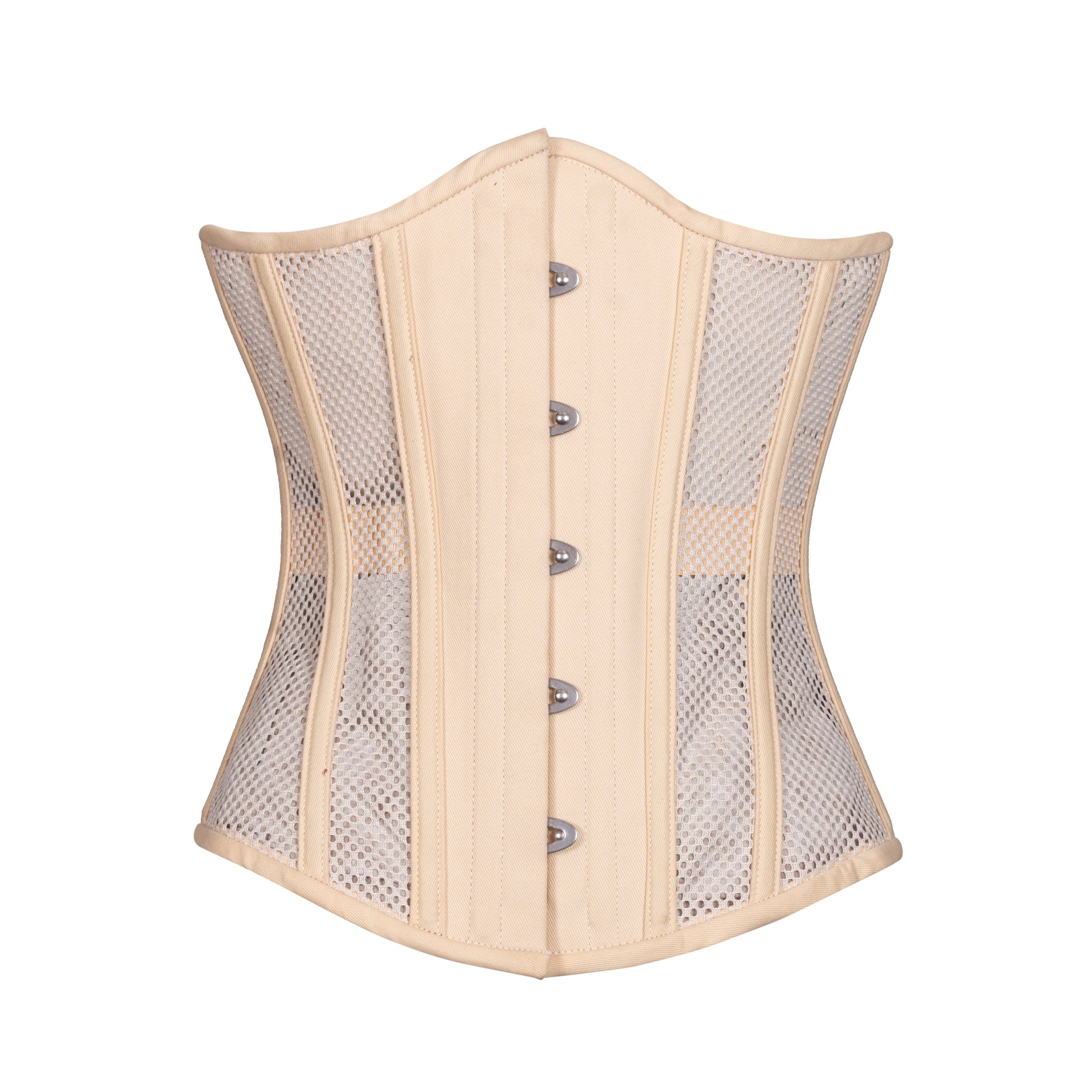 A corset with beige, non-stretch, open sports mesh panels, with beige cotton on the front panel, boning channels, and trim.  slim silhouette, regular underbust length, front view with busk closure 