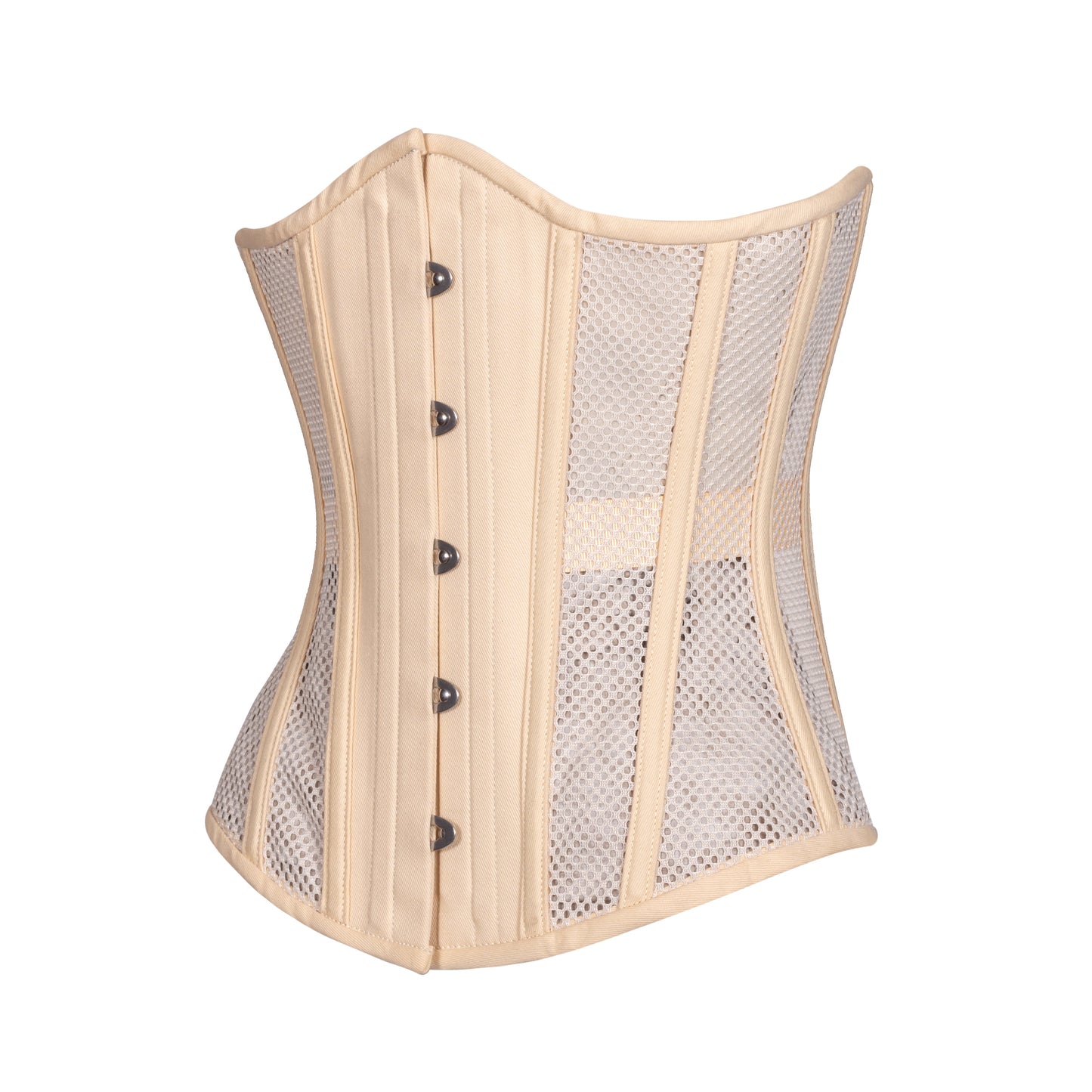 A corset with beige, non-stretch, open sports mesh panels, with beige cotton on the front panel, boning channels, and trim.  slim silhouette, regular underbust length, side view 