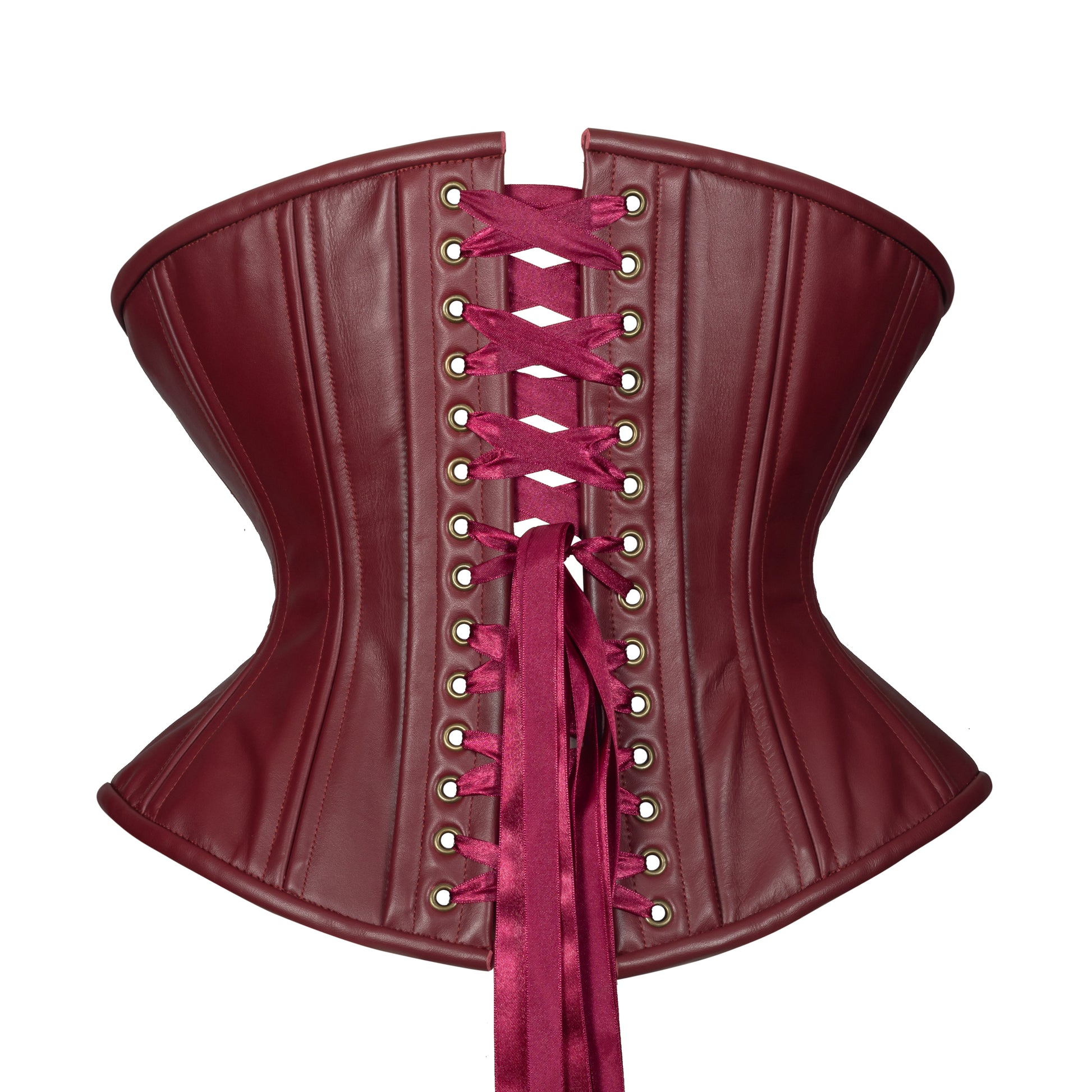 Oxblood Leather Libra corset, with brass grommets and burgundy ribbon laces, back view