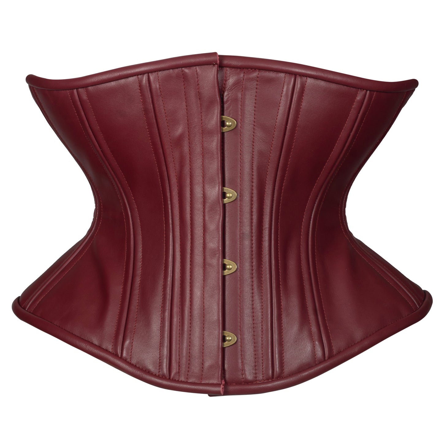 Oxblood Leather Libra corset, with brass busk and burgundy ribbon laces, front view