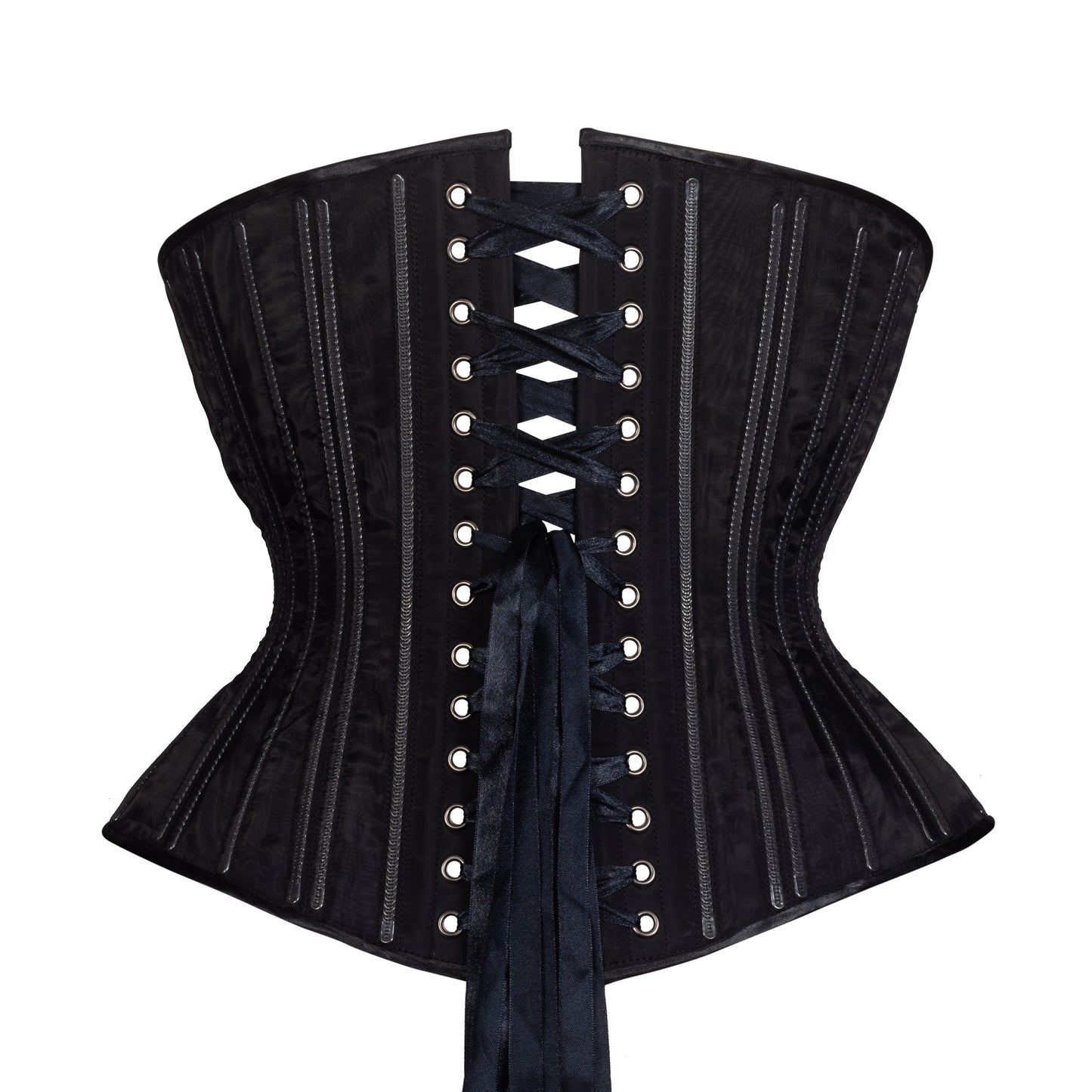 Black Fine Mesh No Line Libby Corset (Libra Gentle Silhouette, Regular) with visible spiral boning, back view with black ribbon lacing 