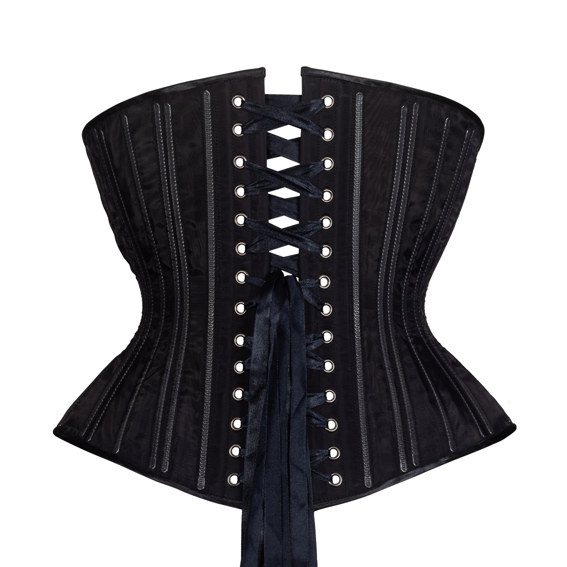 Black Fine Mesh No Line Libby Corset (Libra Gentle Silhouette, Regular) with visible spiral boning, back view with black ribbon lacing 