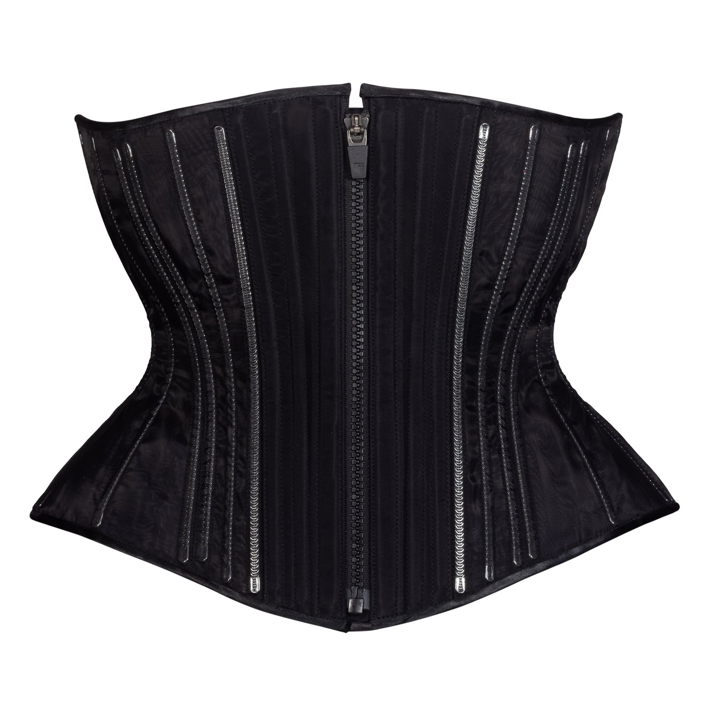 Black Fine Mesh No Line Libby Corset (Libra Gentle Silhouette), regular underbust length, front view with black zipper closure 