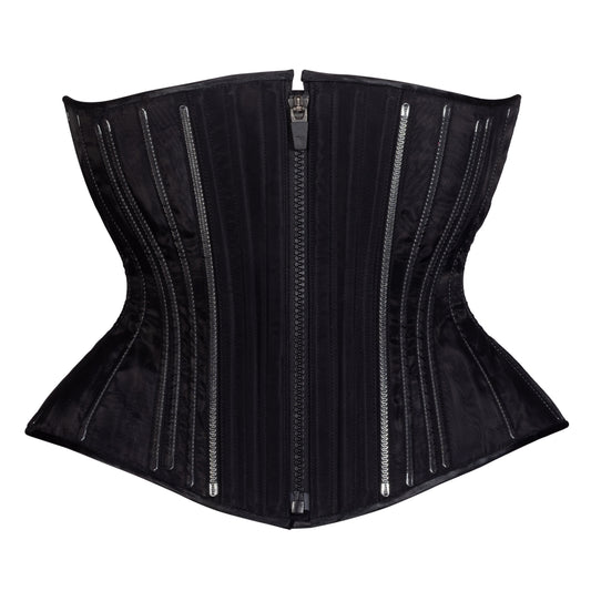 Black Fine Mesh No Line Libby Corset (Libra Gentle Silhouette), regular underbust length, front view with black zipper closure 