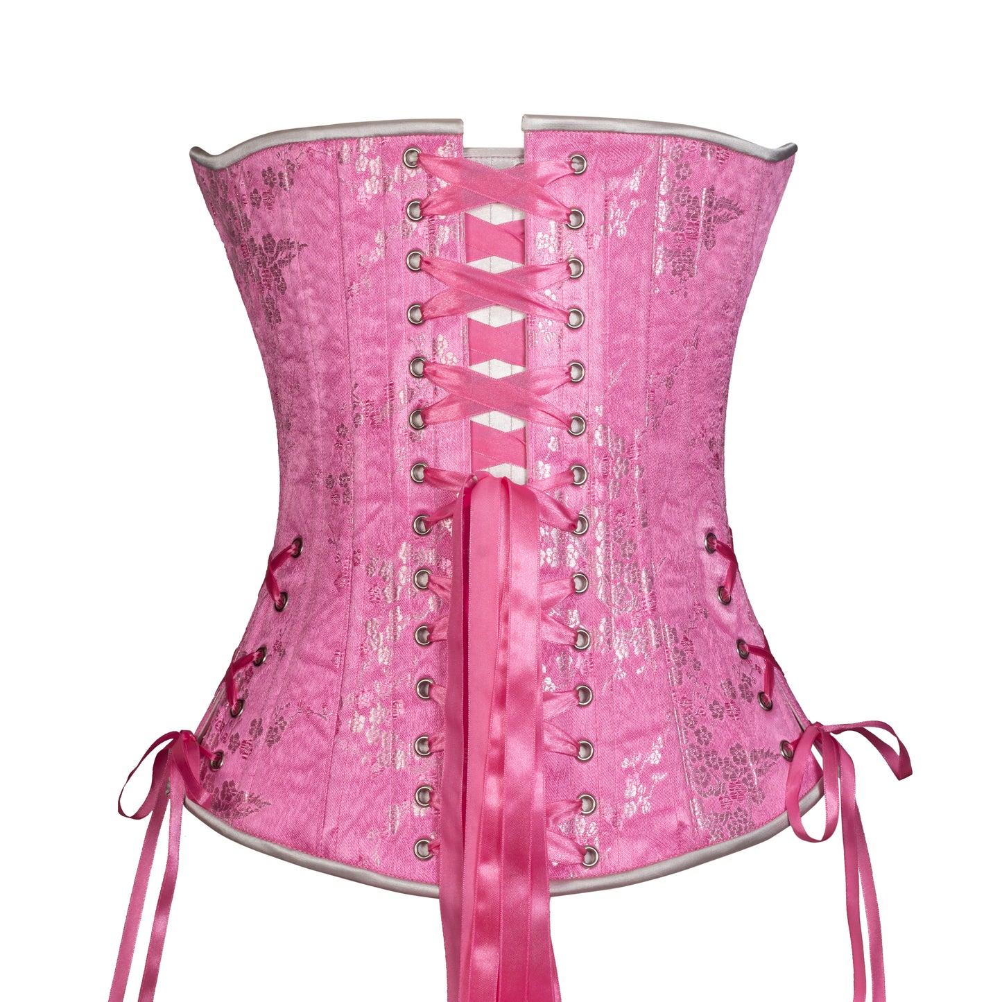 Pink Silver Cherry Blossom Overbust, Slim Silhouette, Regular. Back View with hip ties and laced with pink ribbon lacing.