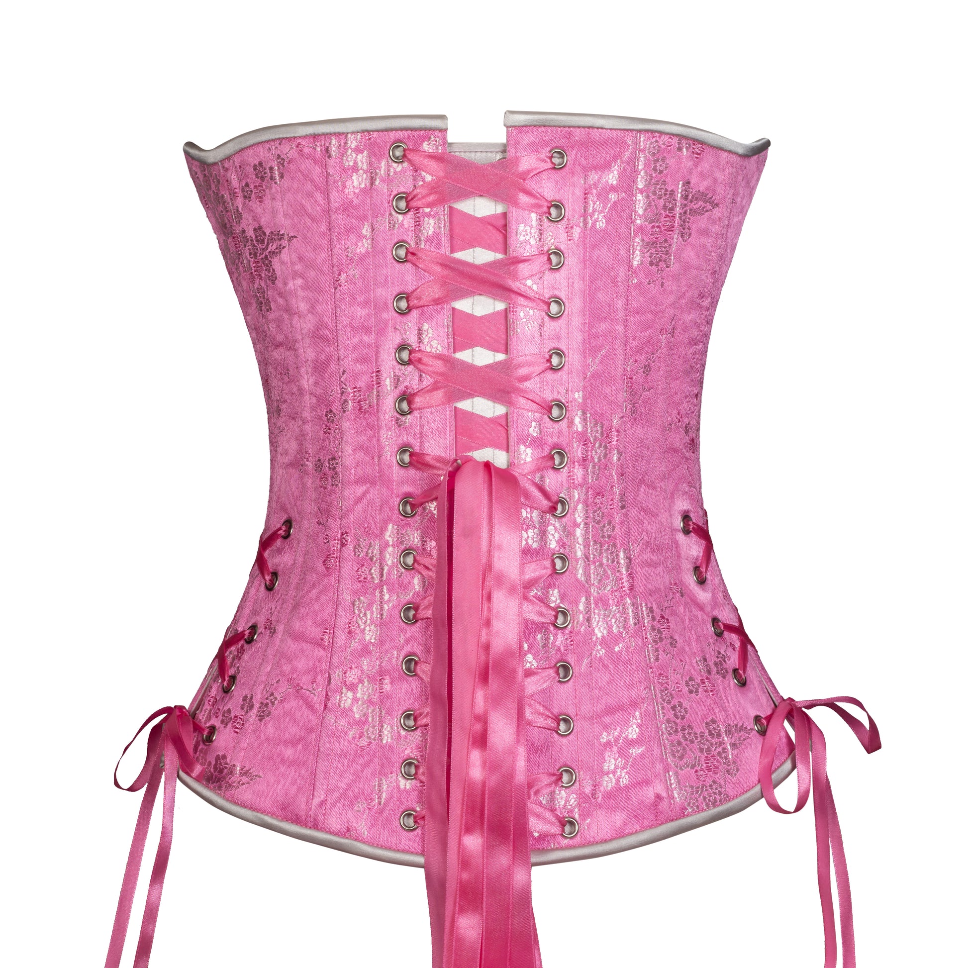 Pink Silver Cherry Blossom Overbust, Slim Silhouette, Regular. Back View with hip ties and laced with pink ribbon lacing.