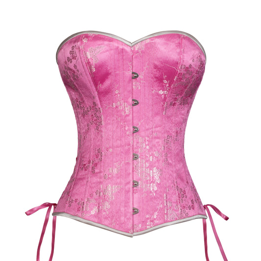 Pink Silver Cherry Blossom Overbust, Slim Silhouette, Regular. Front View with pink hip ties 