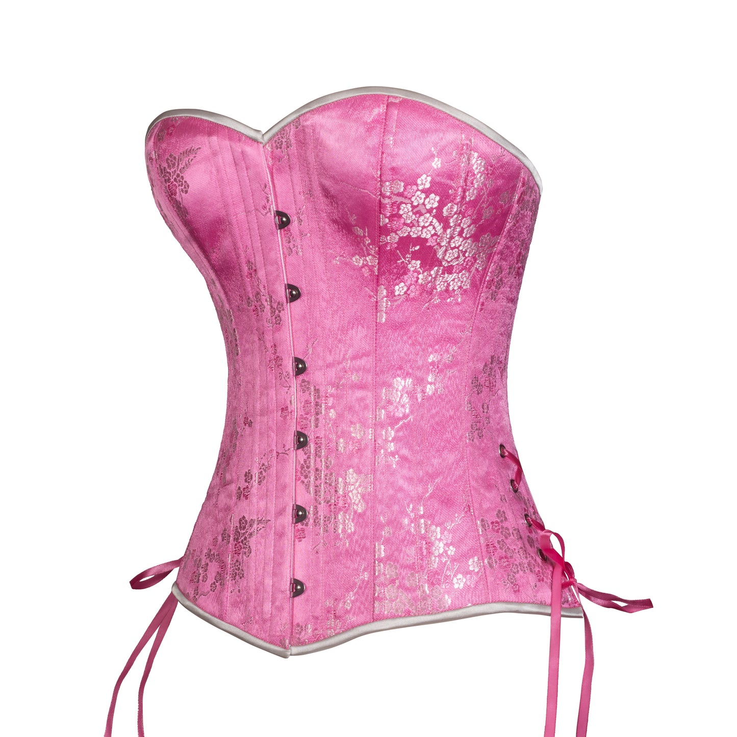 Pink Silver Cherry Blossom Overbust, Slim Silhouette, Regular. Side View with pink hip ties 