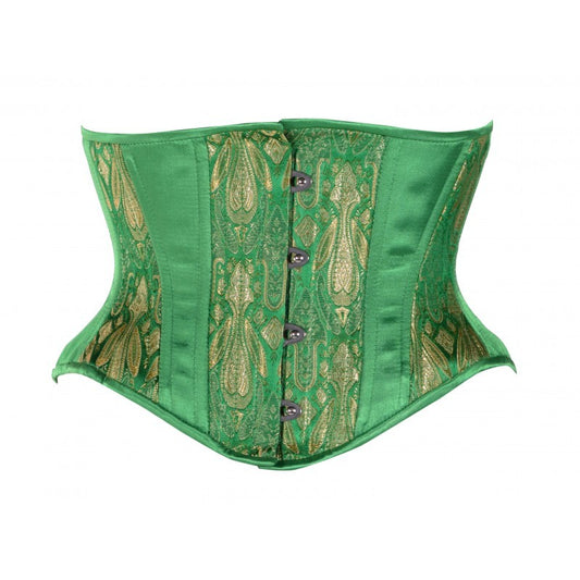 Green and Gold Brocade Corset with Kelly Green satin insert panels, hourglass silhouette, short waspie cincher length, front view with busk closure 