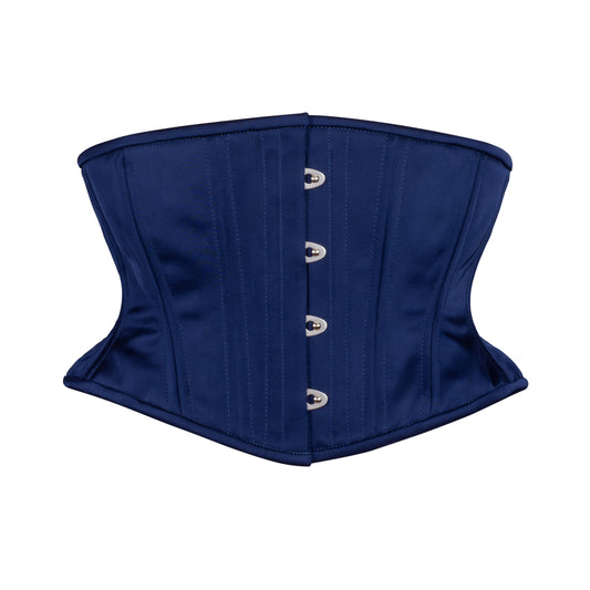 Hourglass Short (waspie or cincher) Corset in Midnight Satin, front view with busk closure 