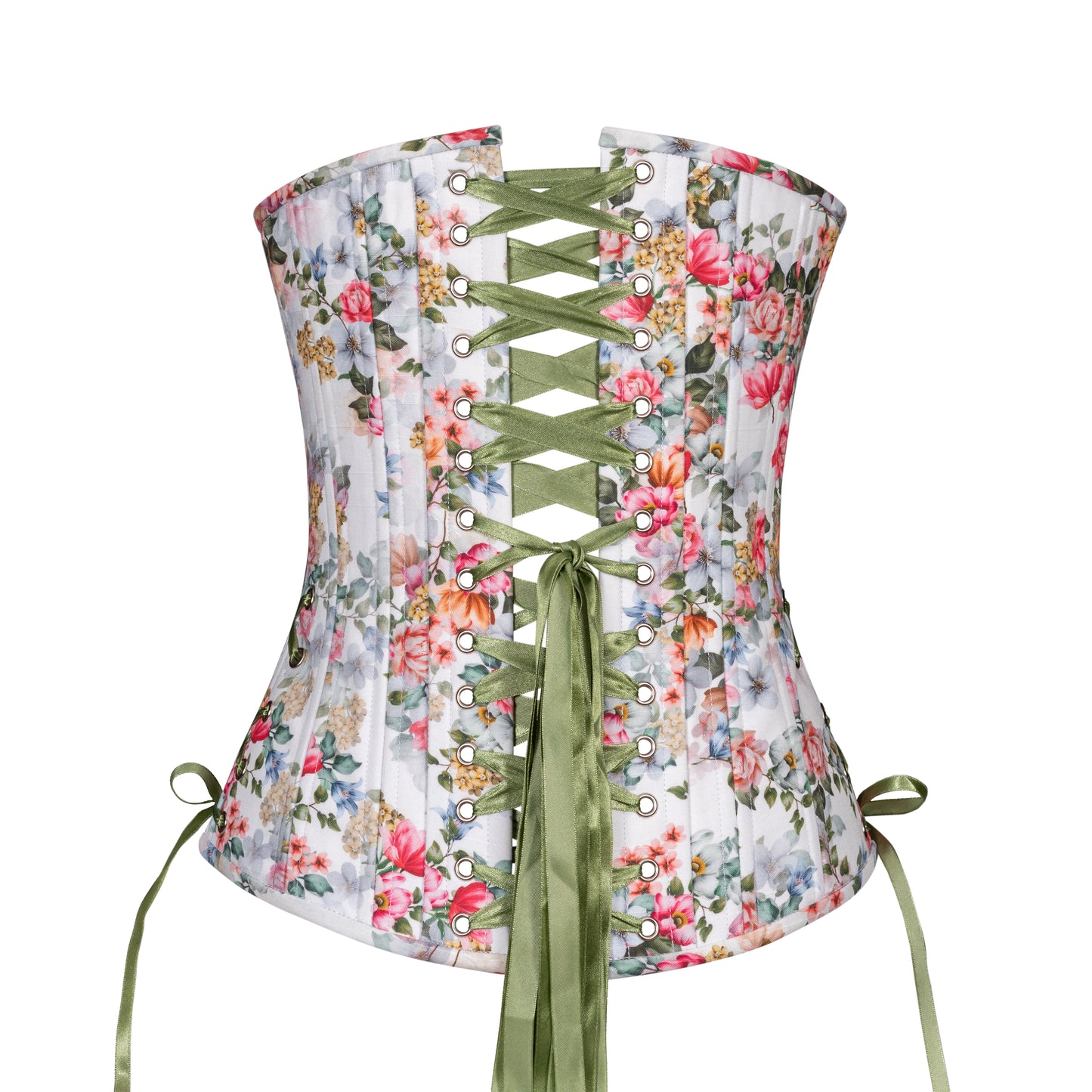 Floral Sweetness Corset, Slim Silhouette, Long. Back View with Green Ribbon Lacing 